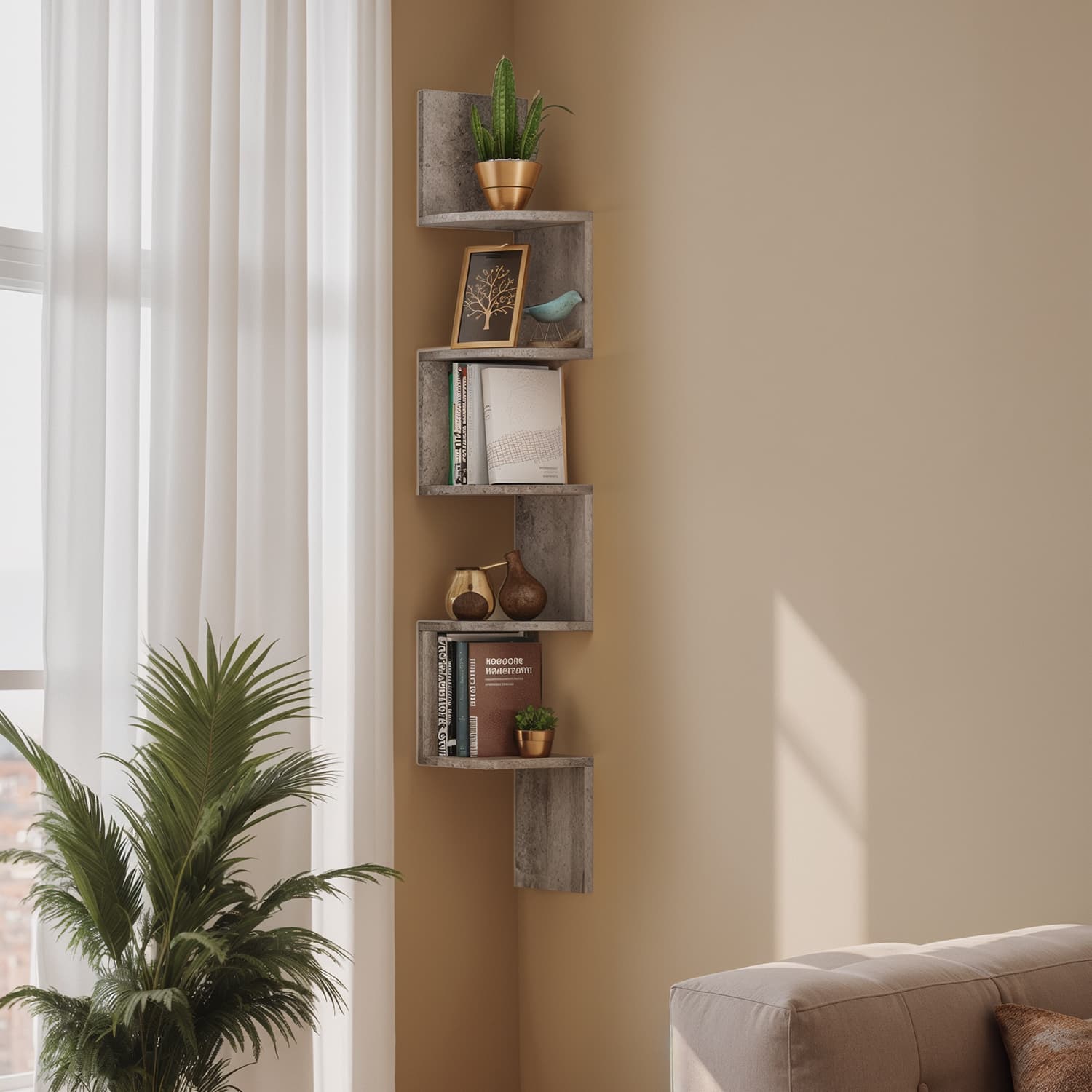 Corner shelf, wall shelf 5 levels, floating shelf for books