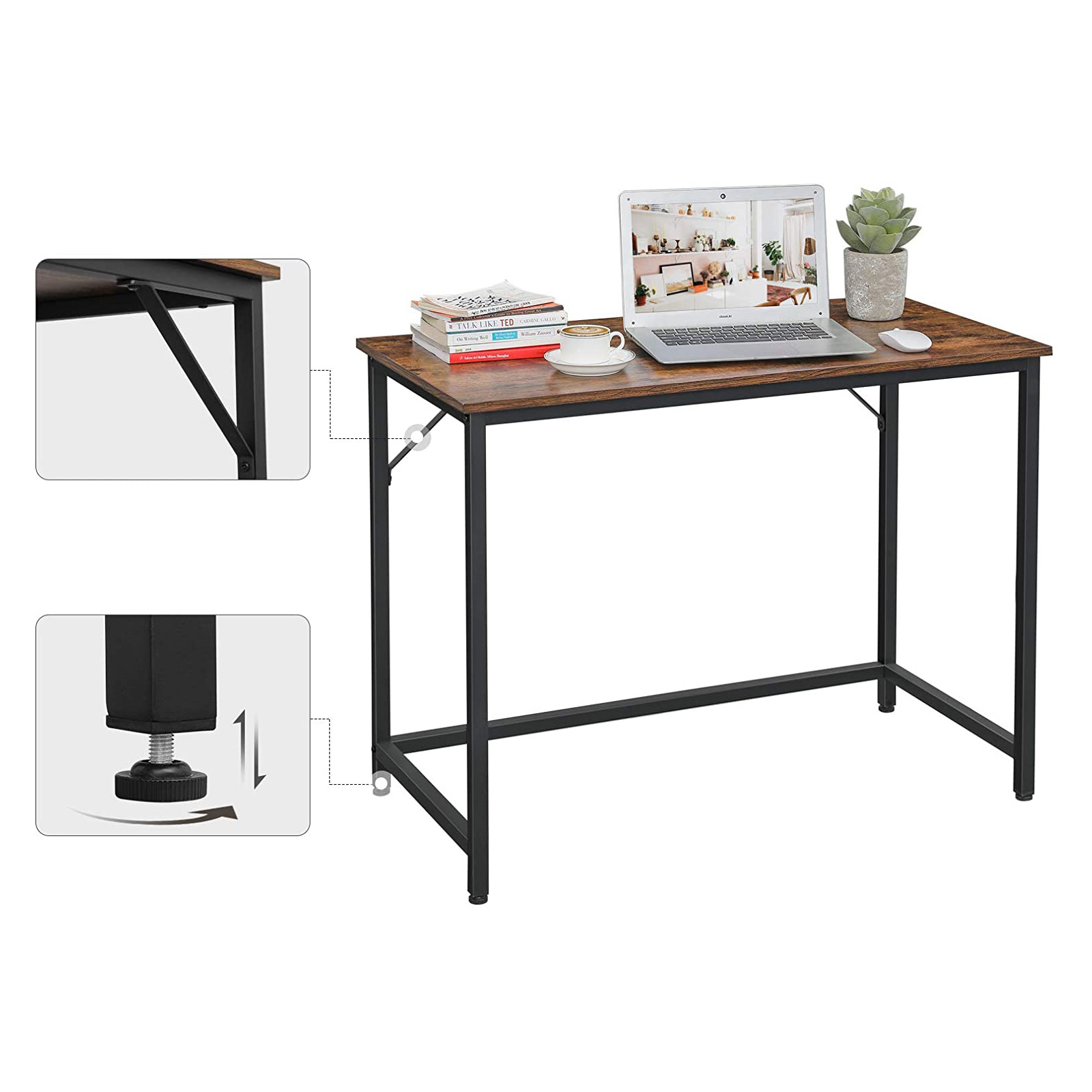 Skrivebord, skrivepult, lite kontorbord, 50 x 100 x 75 cm, kontor, hjemmekontor, enkel montering, stål, industriell design, rustikk brun og svart LWD41XV1 - Bilde 5