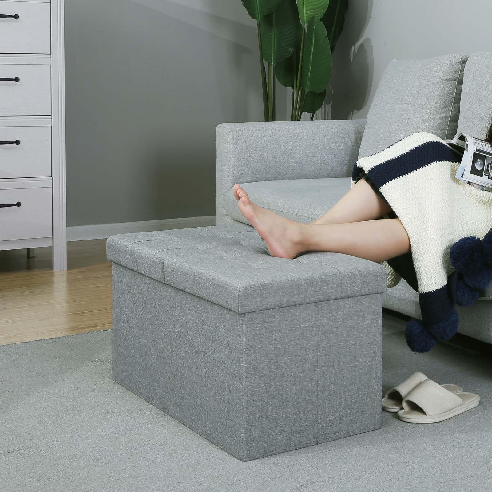 Songmics bench, 80 litres, stool with storage half lid hinged sideways, 76 x 38 x 38 cm, grey, - Image 3