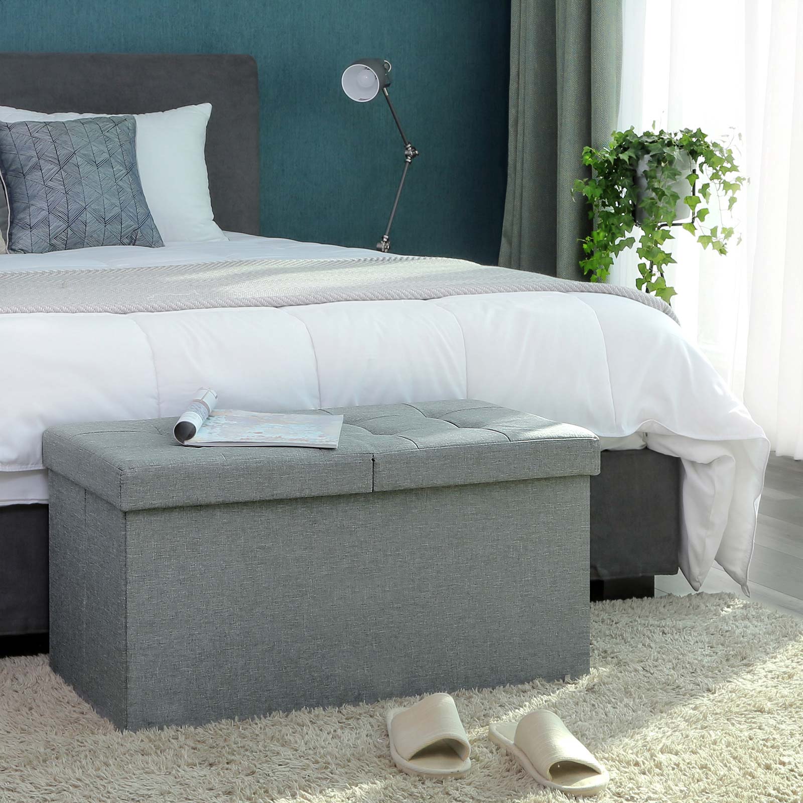 Songmics bench, 80 litres, stool with storage half lid hinged sideways, 76 x 38 x 38 cm, grey, - Image 5