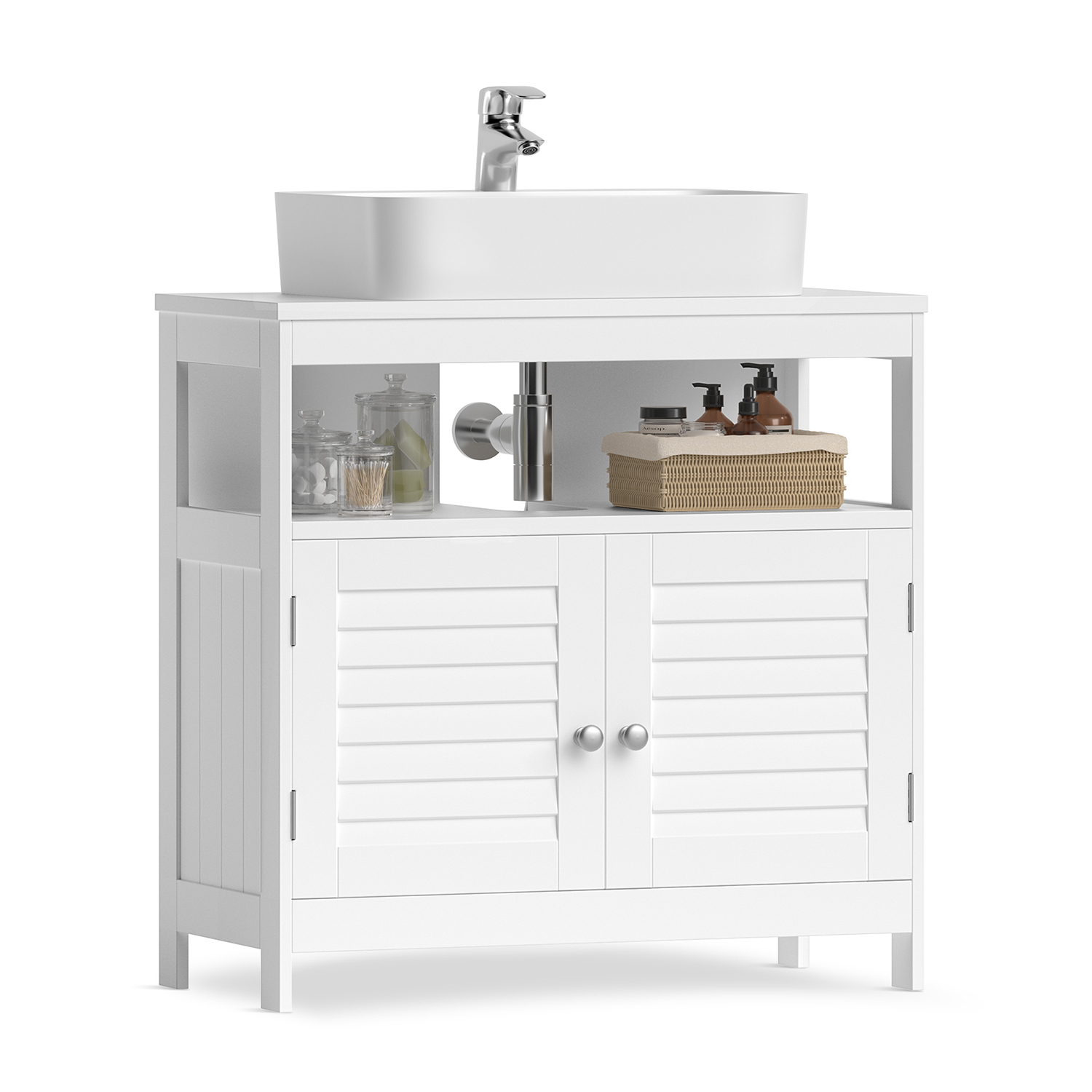Vanity Unit Without Sink Lots of Storage Space Bathroom Cabinet with Slat Doors 2 White, MDF panels, With Open Compartment, 60 x 30 x 60 cm