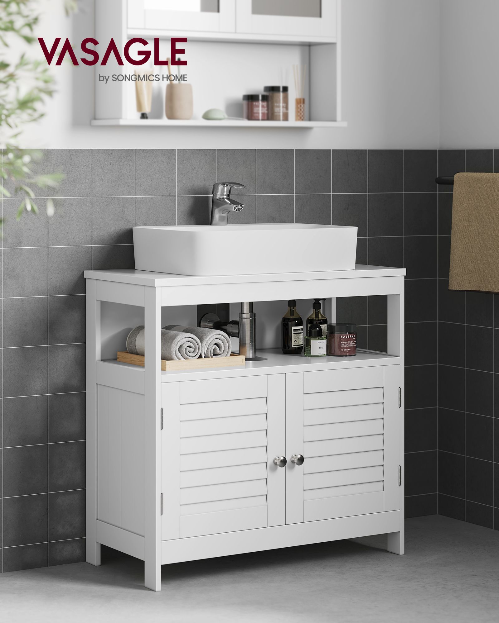 Vanity Unit Without Sink Lots of Storage Space Bathroom Cabinet with Slat Doors 2 White, MDF panels, With Open Compartment, 60 x 30 x 60 cm - Image 3