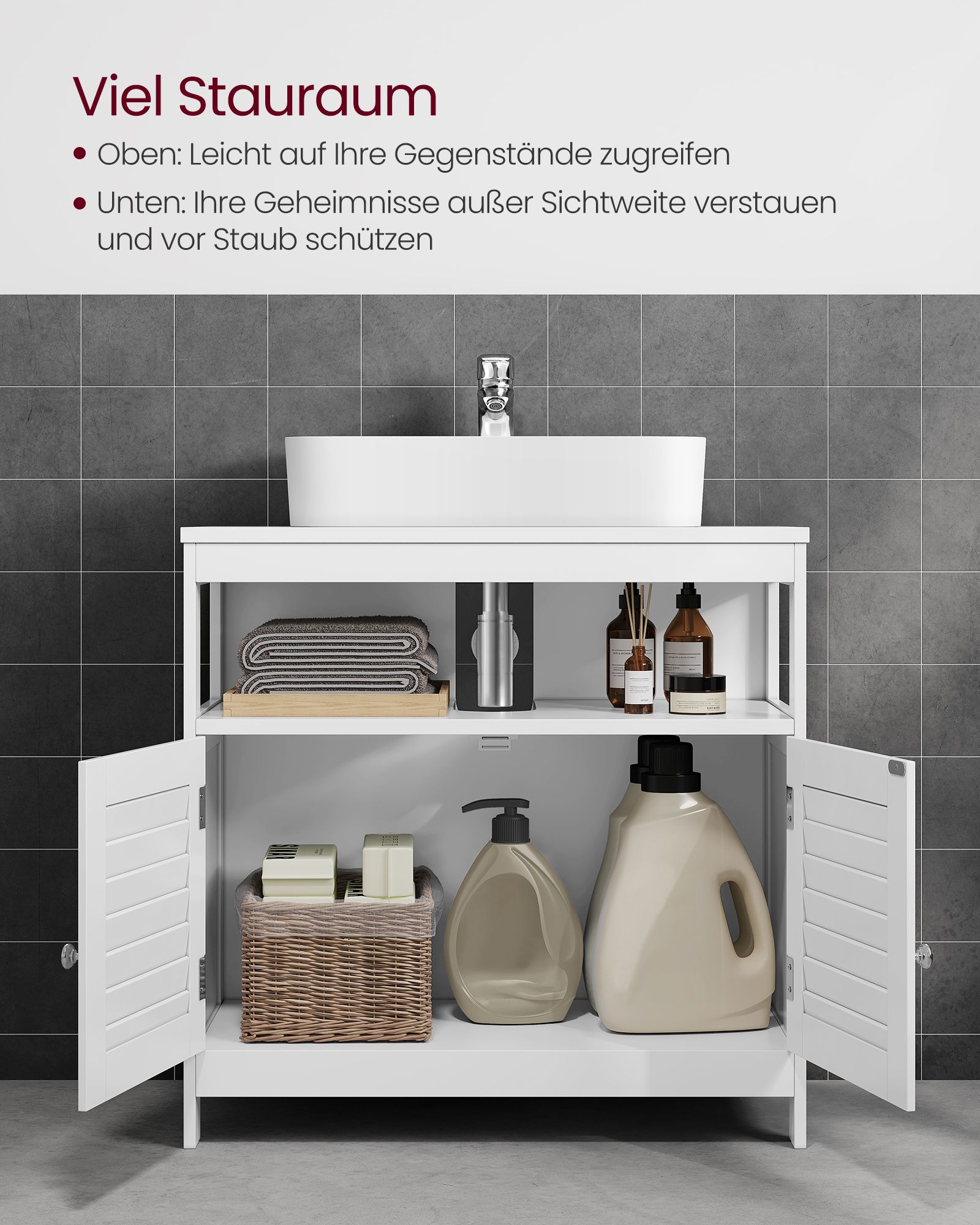 Vanity Unit Without Sink Lots of Storage Space Bathroom Cabinet with Slat Doors 2 White, MDF panels, With Open Compartment, 60 x 30 x 60 cm - Image 4