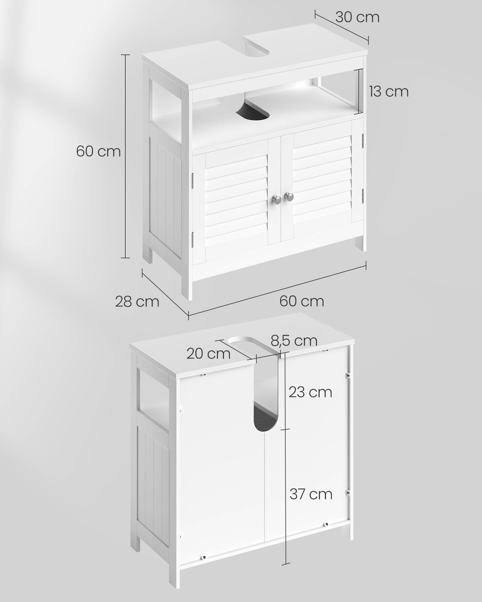 Vanity Unit Without Sink Lots of Storage Space Bathroom Cabinet with Slat Doors 2 White, MDF panels, With Open Compartment, 60 x 30 x 60 cm - Image 5