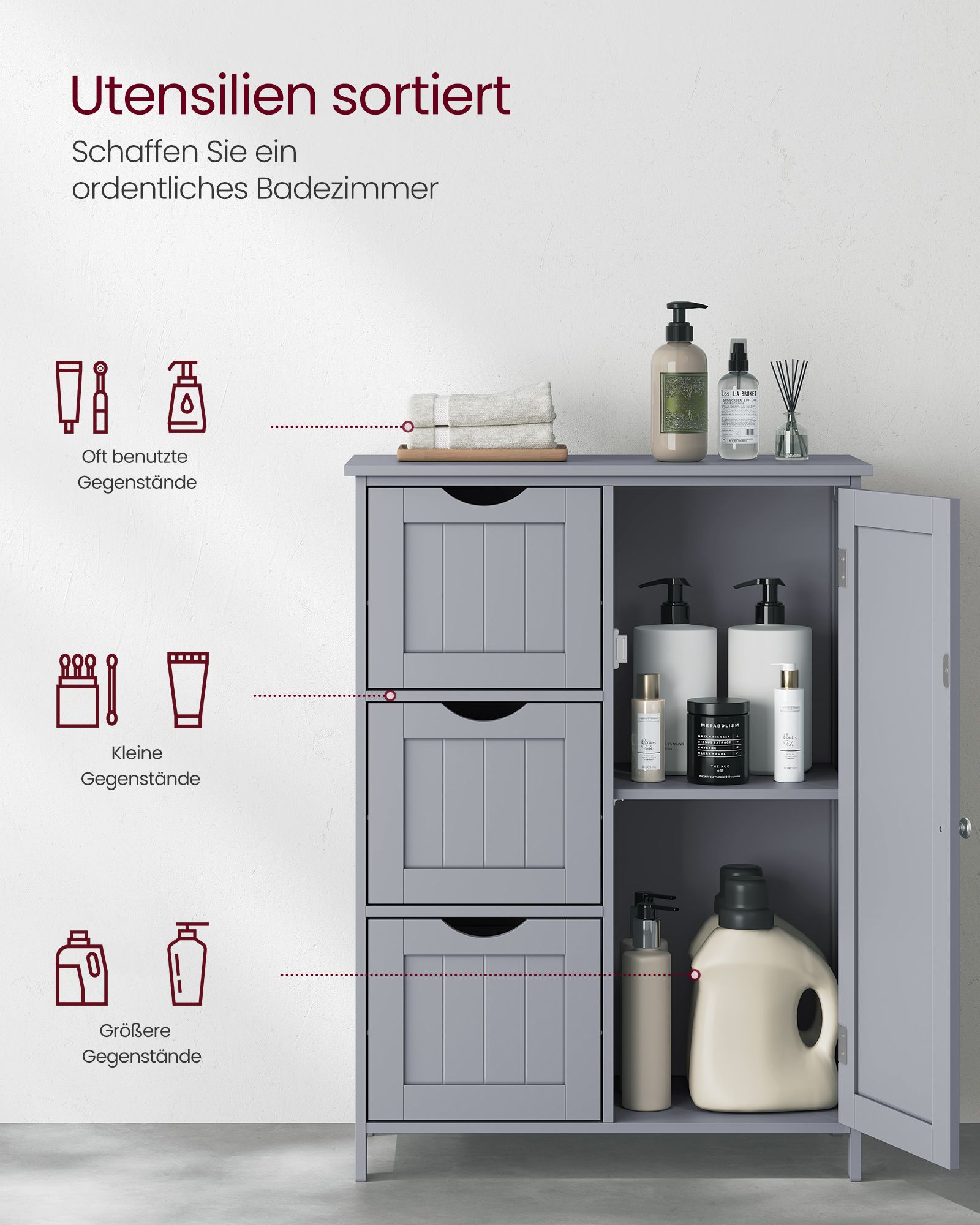 Opbevaringsskab på badeværelsesgulv, badeværelsesopbevaringsenhed med 3 skuffer, 1 justerbar hylde, fritstående badeværelsesskab, 11,8 x 23,6 x 31,5 tommer, duegrå BBC049G02 - Billede 4