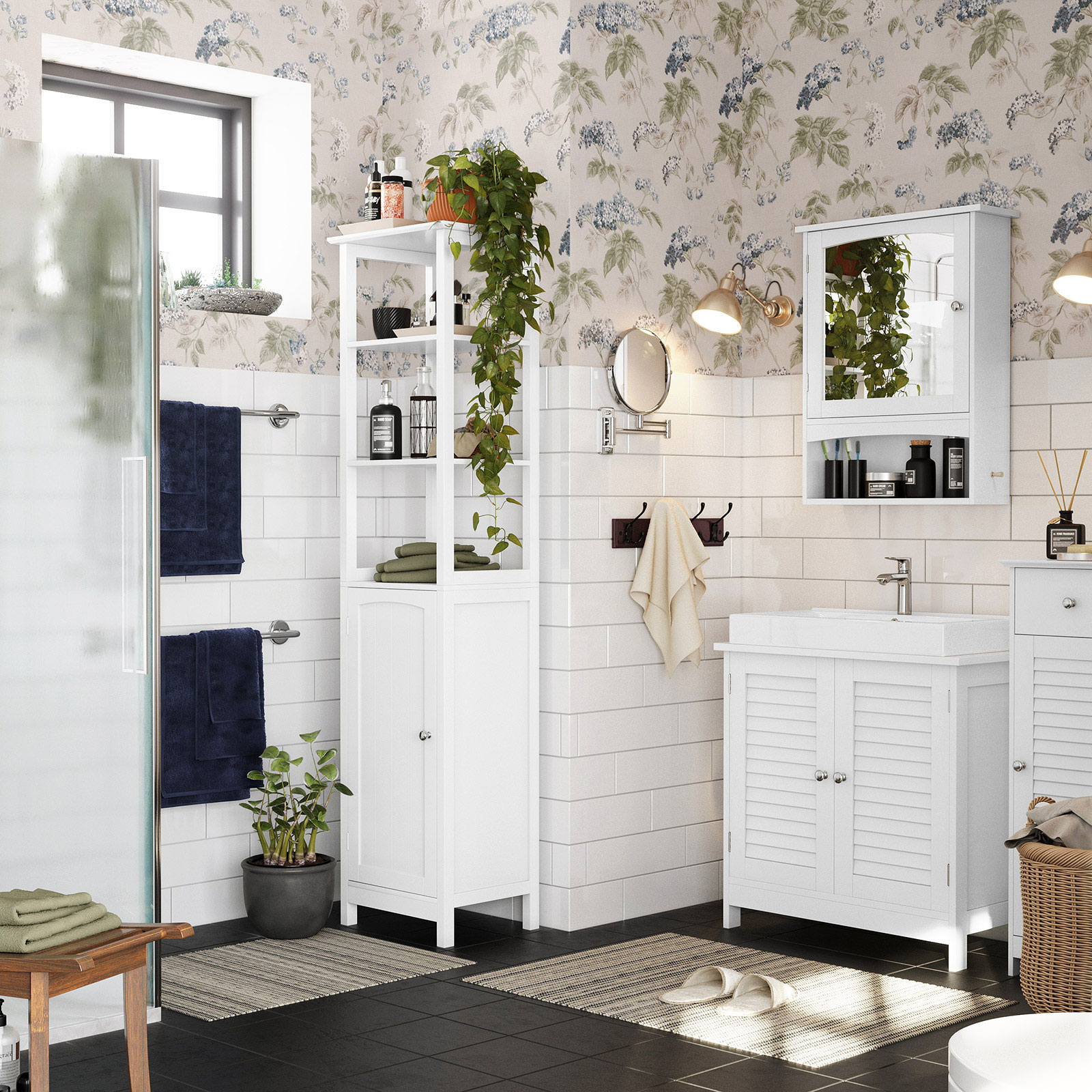 Badeværelsesunderskab, gulvskab med dobbeltdør, 60 x 30 x 60 cm, opbevaringsenhed, skab med 2 lameldøre, justerbar hylde, håndtag, skandinavisk nordisk stil, mat hvid - Billede 2