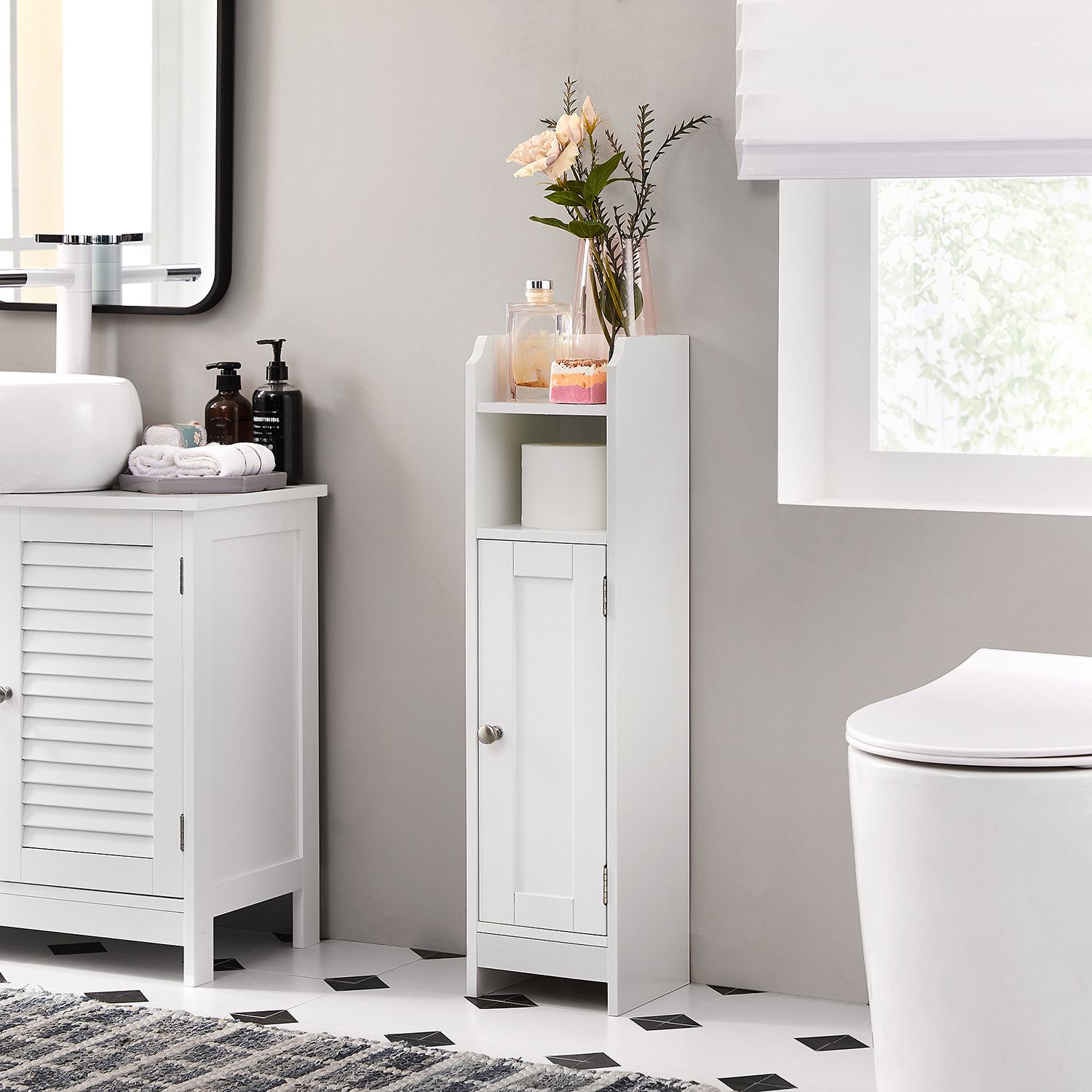Toiletskab, badeværelsesskab, badeværelseshylde, justerbare hylder, pladsbesparende, nem montering, hvid BBC310W01 - Billede 3