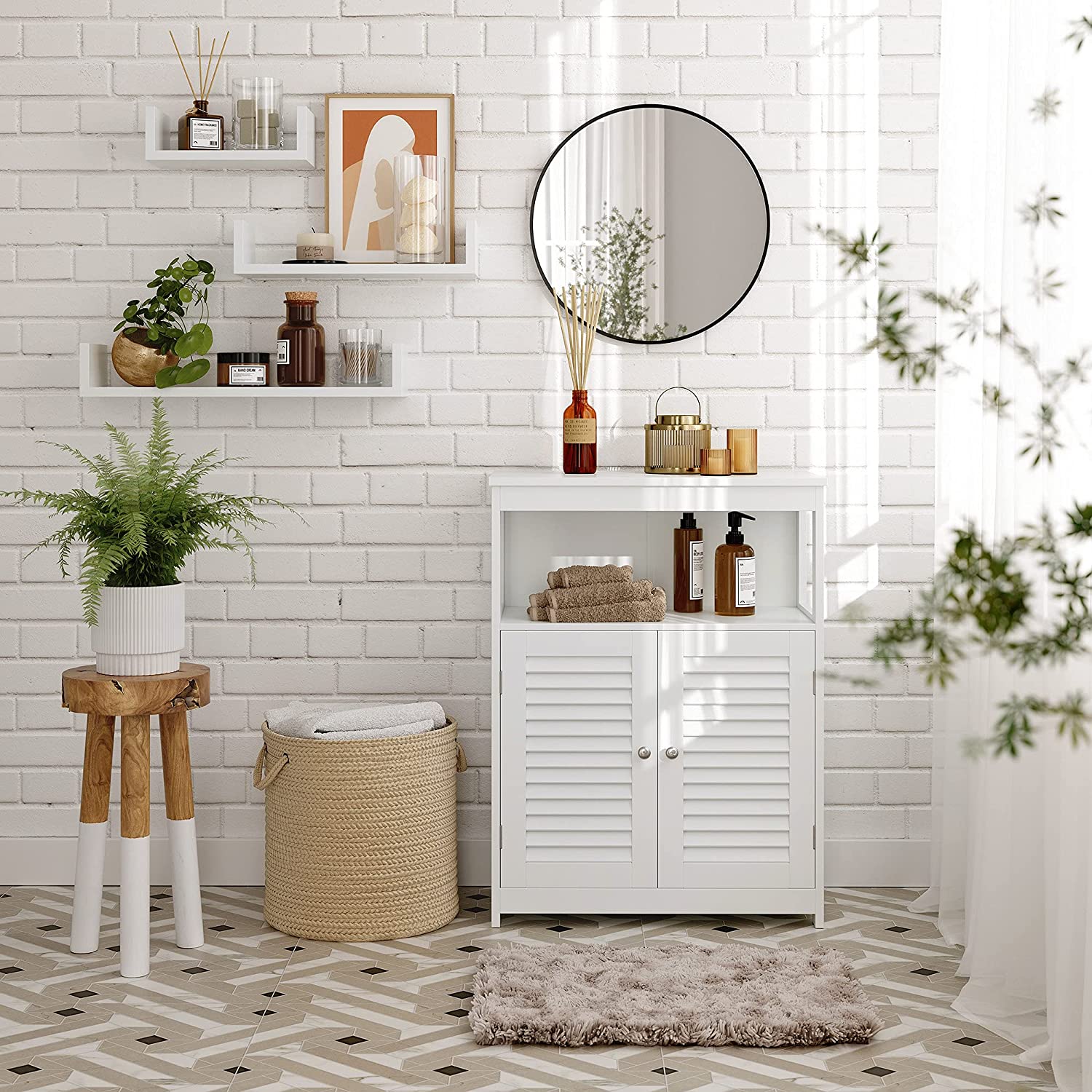 Wooden Bathroom Floor Cabinet Storage Organiser Rack, Kitchen Cupboard Free Standing, with Double Shutter Doors, White - Image 2