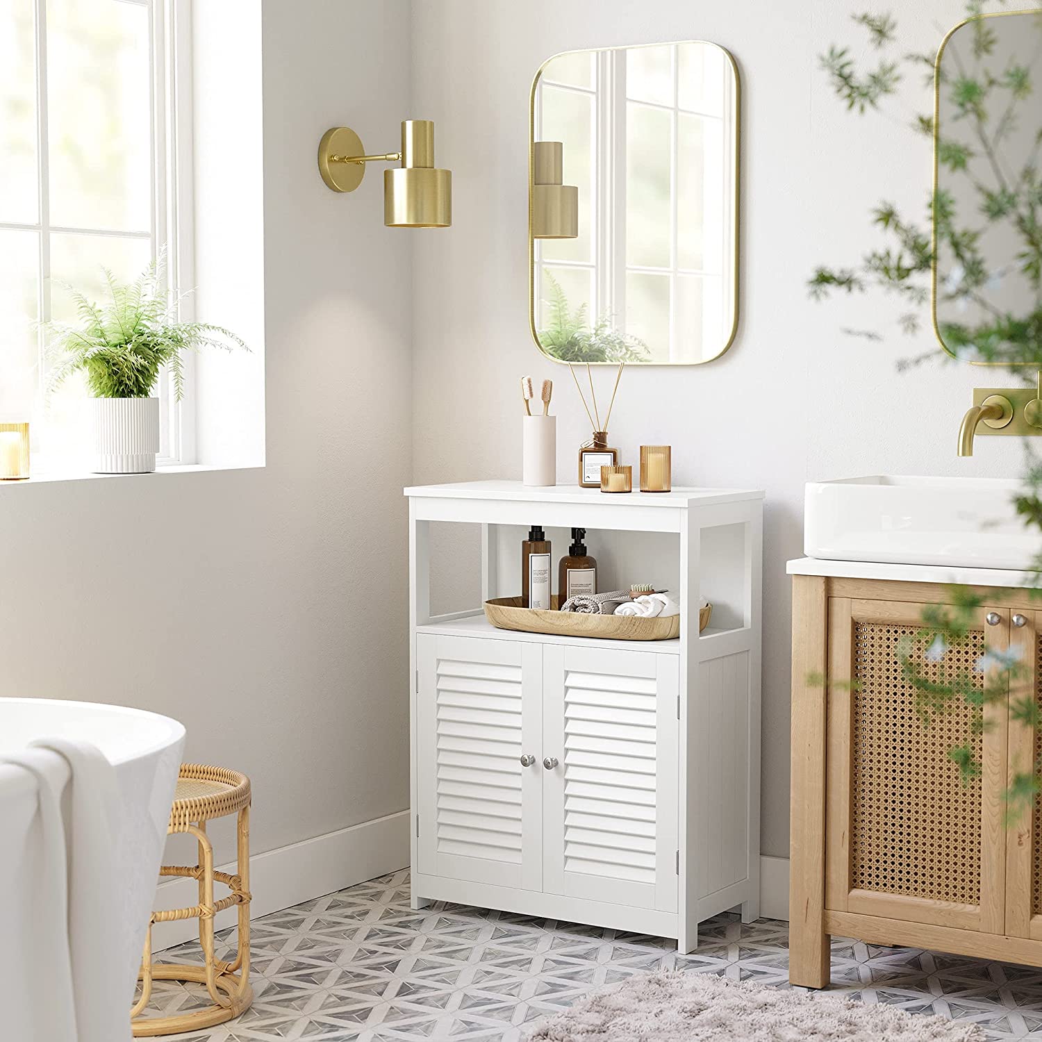 Wooden Bathroom Floor Cabinet Storage Organiser Rack, Kitchen Cupboard Free Standing, with Double Shutter Doors, White - Image 3