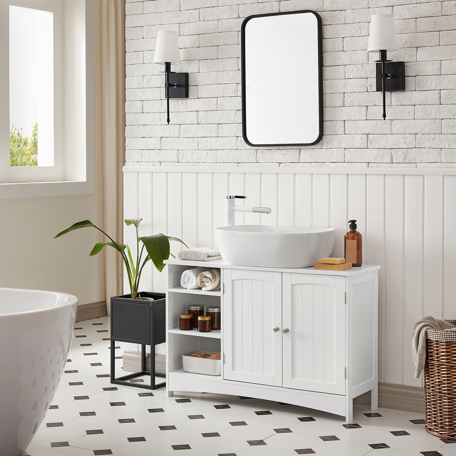 Under Sink Cabinet, Bathroom Sink Cabinet, 90 x 30 x 60 cm, Storage Cupboard with 2 Doors, Open Storage Compartments, Height-Adjustable Shelves, White UKBBC410P31 - Image 3