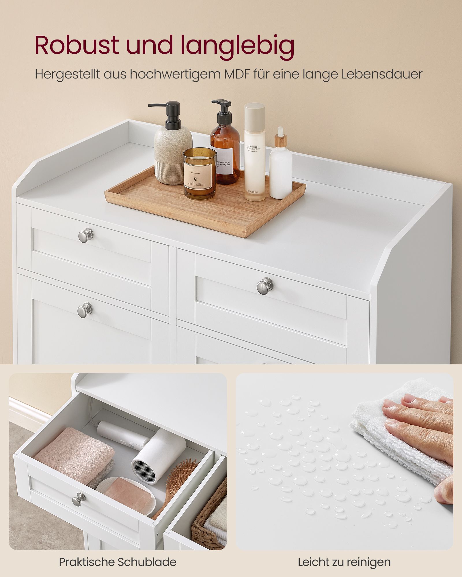 Badeværelseskab med vasketøjskurve, badeværelsesopbevaringsenhed med 2 skuffer og 2 vasketøjskurve, aftagelige vasketøjskurve med håndtag, 40 x 78,9 x 80,2 cm, Cloud White BBC751W01 - Billede 5