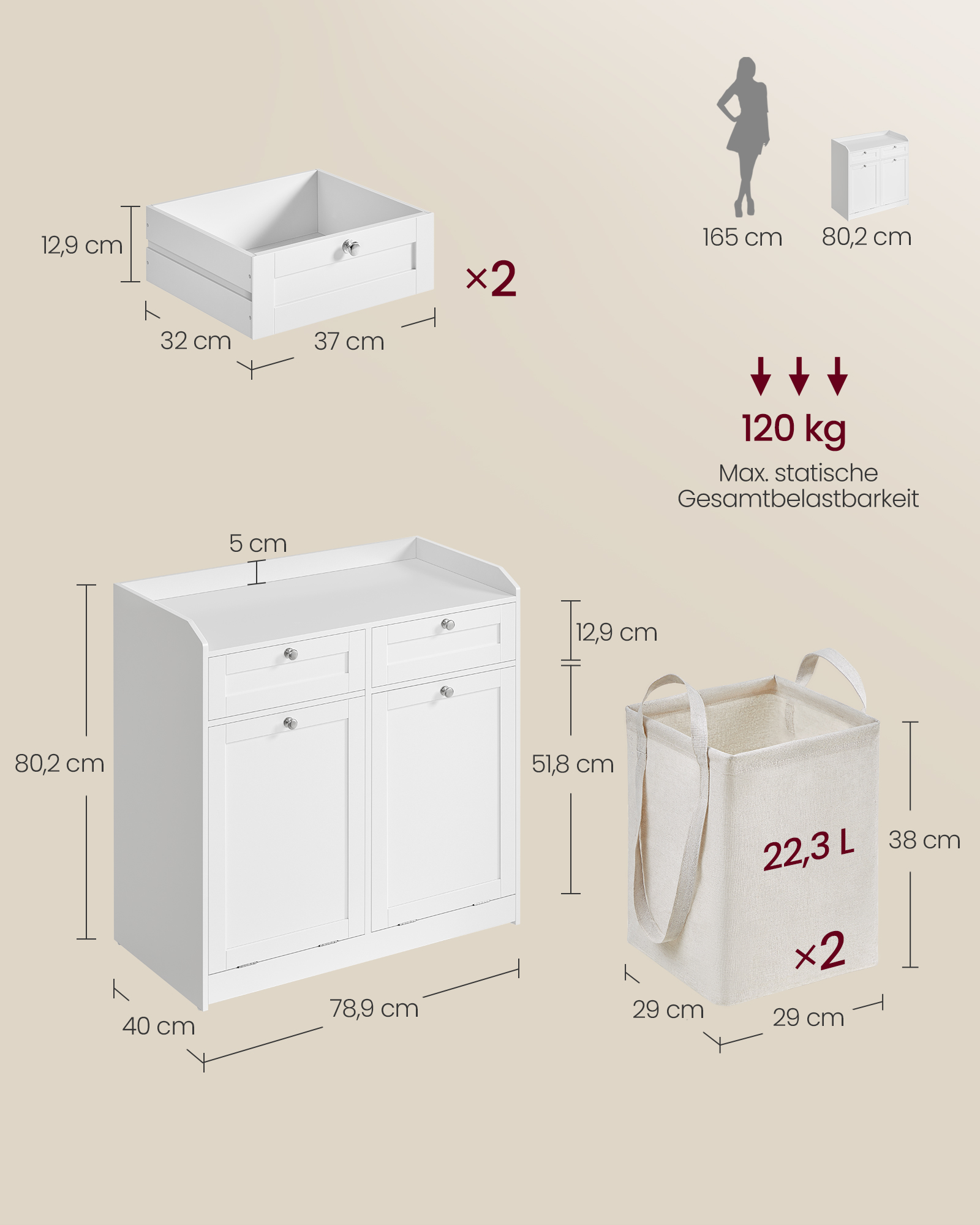 Badeværelseskab med vasketøjskurve, badeværelsesopbevaringsenhed med 2 skuffer og 2 vasketøjskurve, aftagelige vasketøjskurve med håndtag, 40 x 78,9 x 80,2 cm, Cloud White BBC751W01 - Billede 6