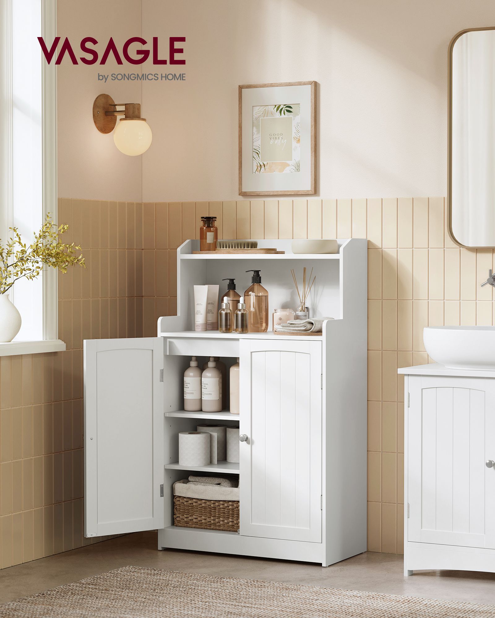 Baderomsskap, baderomsmøbler med 2 dører, 2 justerbare hyller, 30 x 60 x 100 cm, skap til spisestue, kjøkken, stue, Cloud White BBC770W01 - Bilde 2