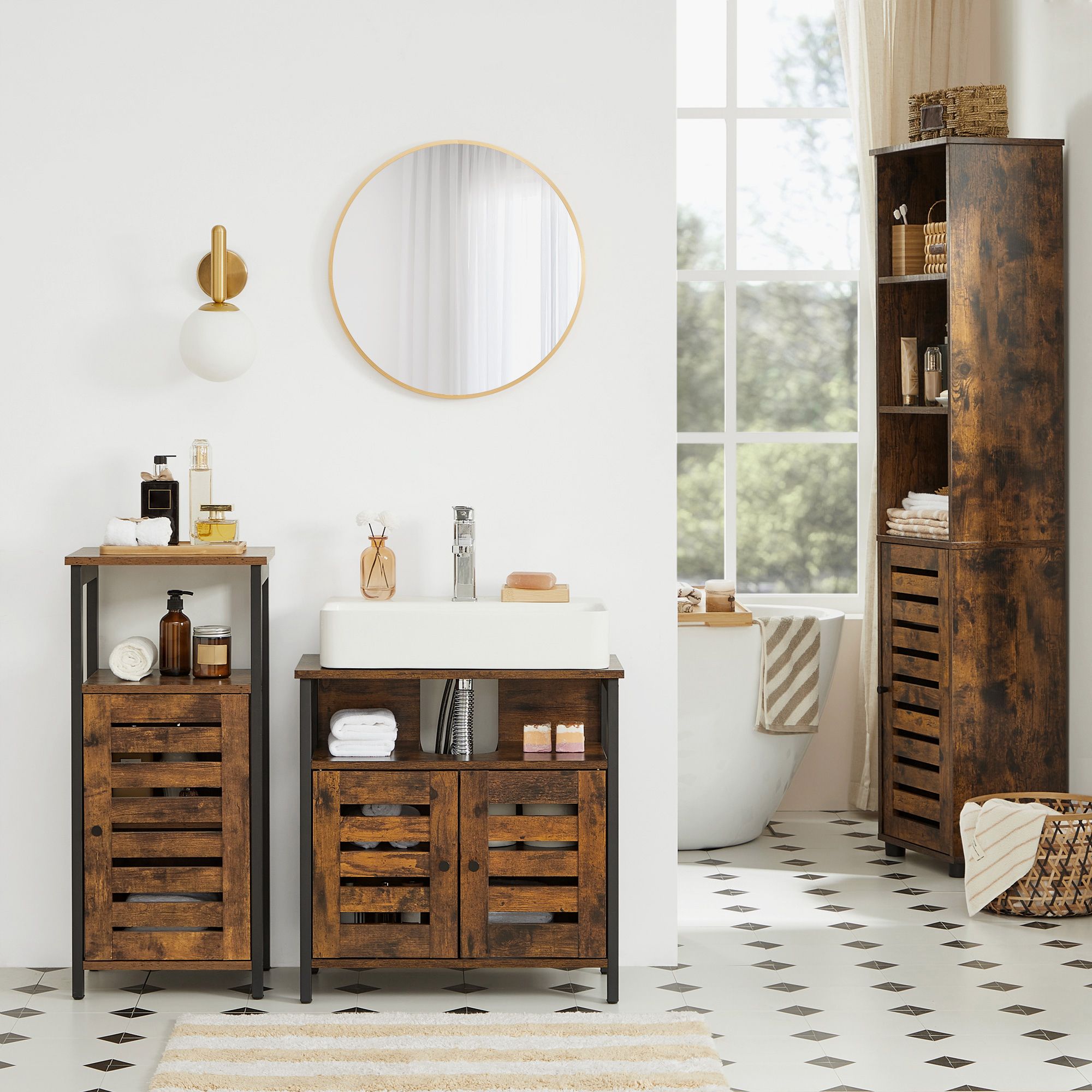 Under Sink Cabinet, Bathroom Vanity Unit, Storage Cupboard, 60 x 30 x 60 cm, with Steel Frame, Open Shelf, Louvered Doors, Adjustable Shelf, Industrial, Rustic Brown and Black - Image 2