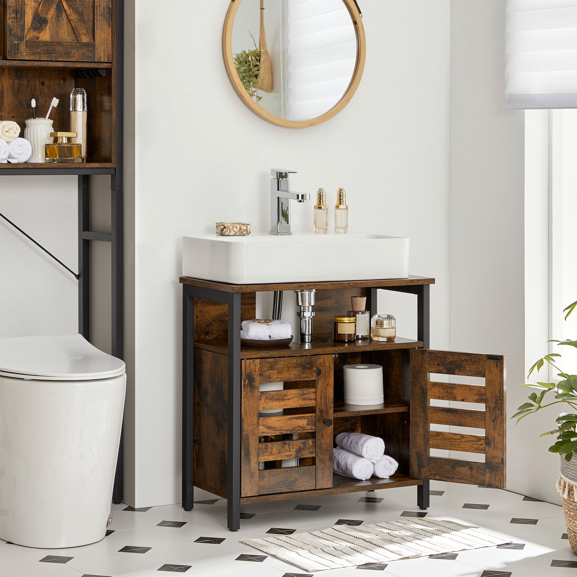Under Sink Cabinet, Bathroom Vanity Unit, Storage Cupboard, 60 x 30 x 60 cm, with Steel Frame, Open Shelf, Louvered Doors, Adjustable Shelf, Industrial, Rustic Brown and Black - Image 3