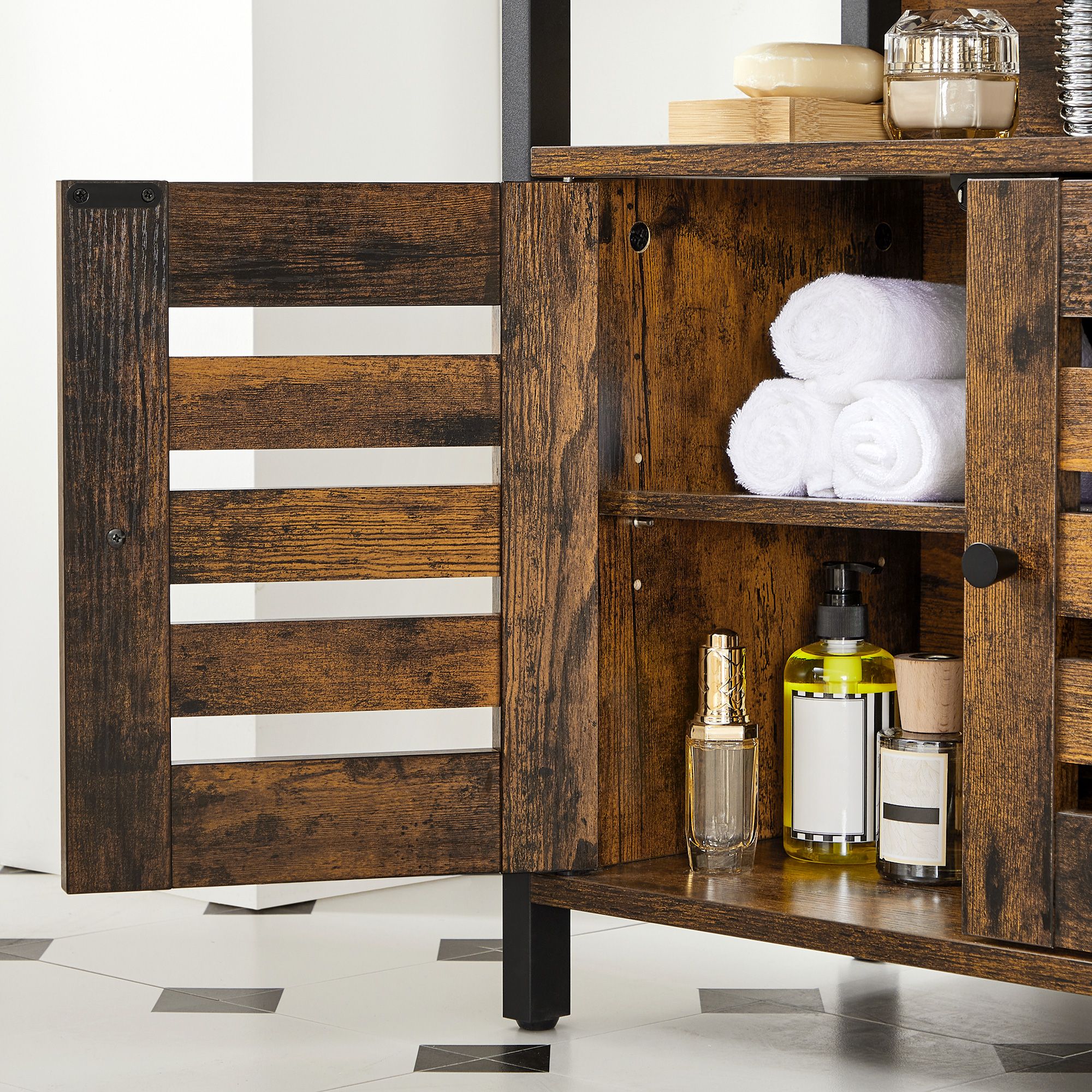 Under Sink Cabinet, Bathroom Vanity Unit, Storage Cupboard, 60 x 30 x 60 cm, with Steel Frame, Open Shelf, Louvered Doors, Adjustable Shelf, Industrial, Rustic Brown and Black - Image 5