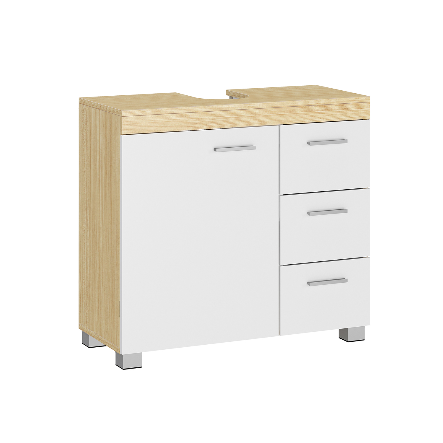 BBK503K01 Tvättställsskåp med 3 stora lådor, badrumsskåp, 2 fack bakom dörren, badrumsskåp med fötter, 30 x 70 x 64 cm, Cloud White/Natural Beige