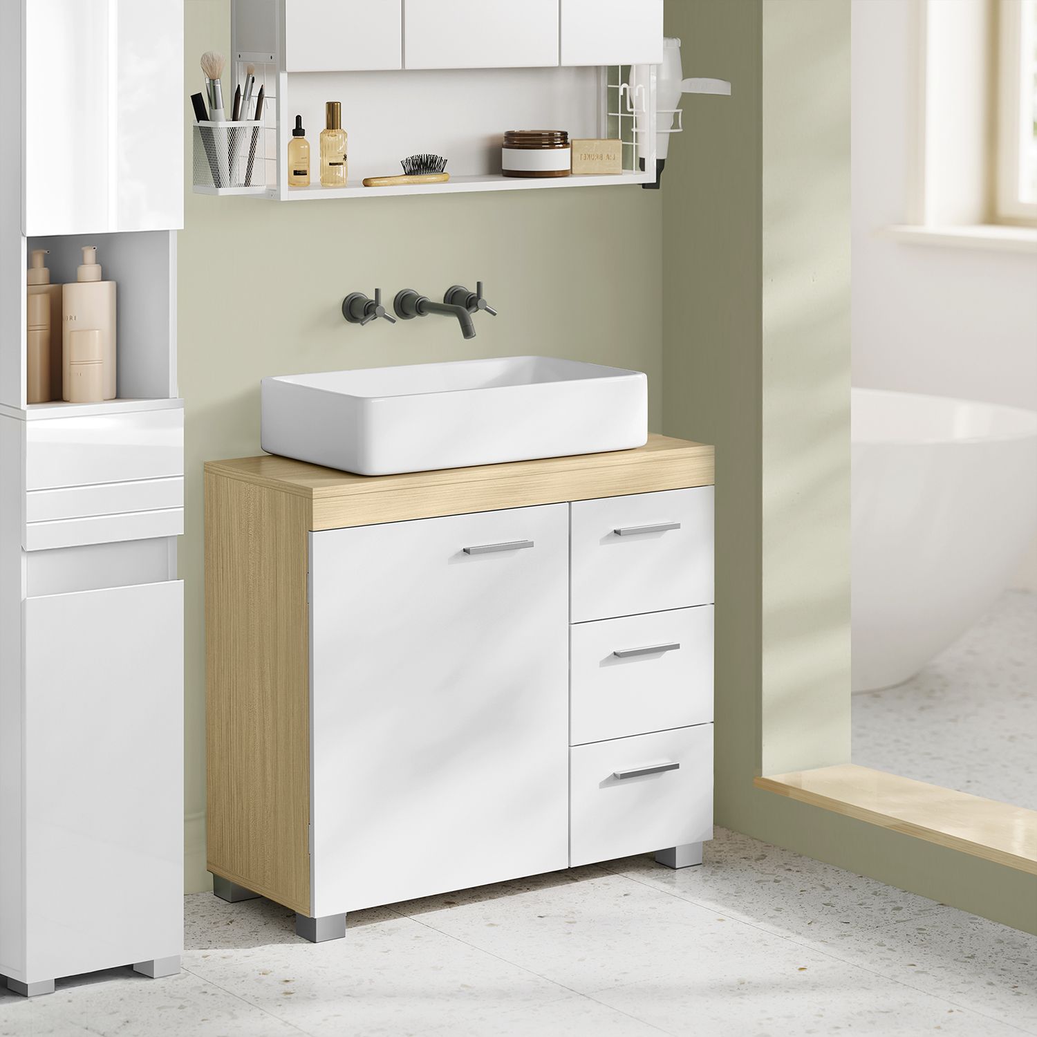 BBK503K01 Tvättställsskåp med 3 stora lådor, badrumsskåp, 2 fack bakom dörren, badrumsskåp med fötter, 30 x 70 x 64 cm, Cloud White/Natural Beige - Bild 2