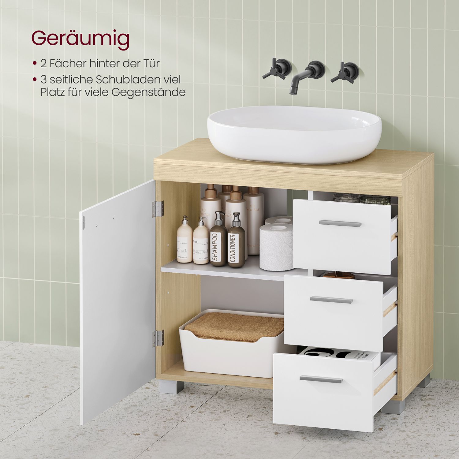 BBK503K01 Tvättställsskåp med 3 stora lådor, badrumsskåp, 2 fack bakom dörren, badrumsskåp med fötter, 30 x 70 x 64 cm, Cloud White/Natural Beige - Bild 3