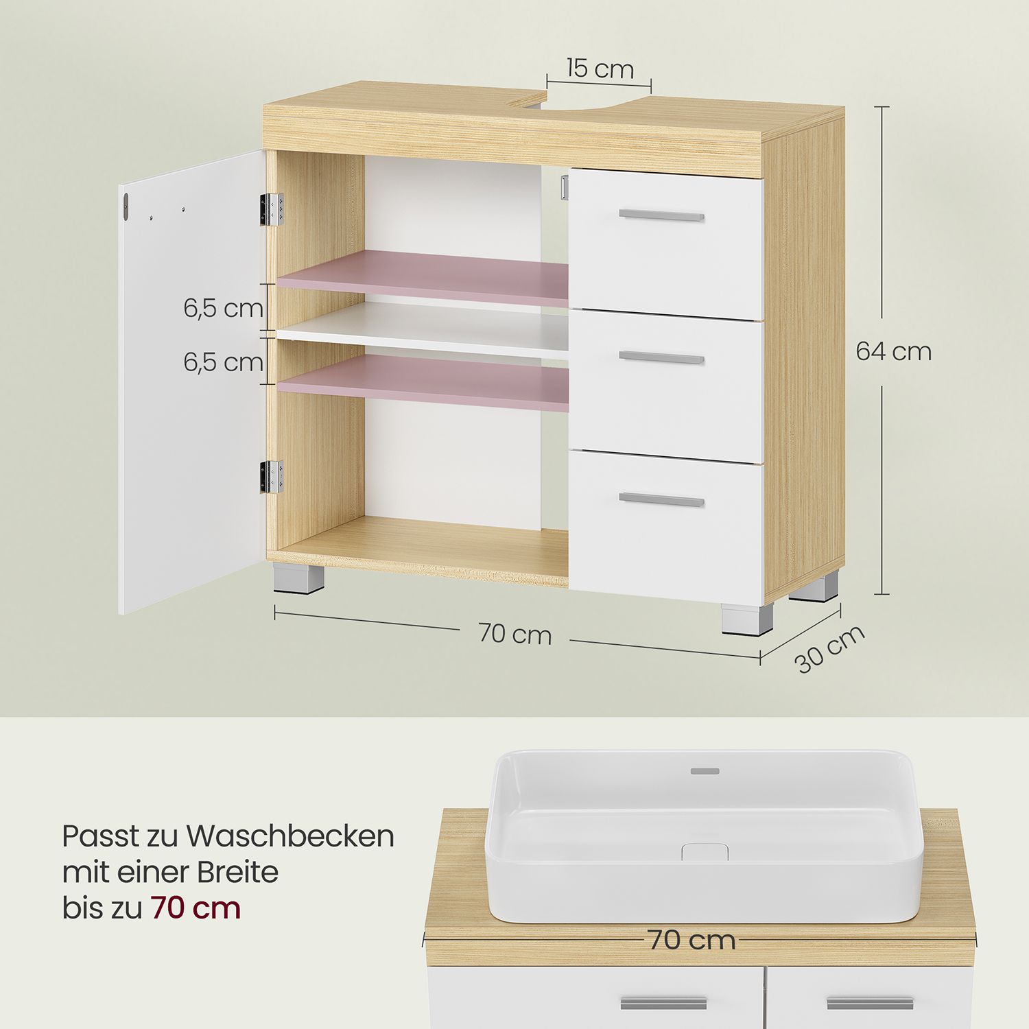 BBK503K01 Tvättställsskåp med 3 stora lådor, badrumsskåp, 2 fack bakom dörren, badrumsskåp med fötter, 30 x 70 x 64 cm, Cloud White/Natural Beige - Bild 5