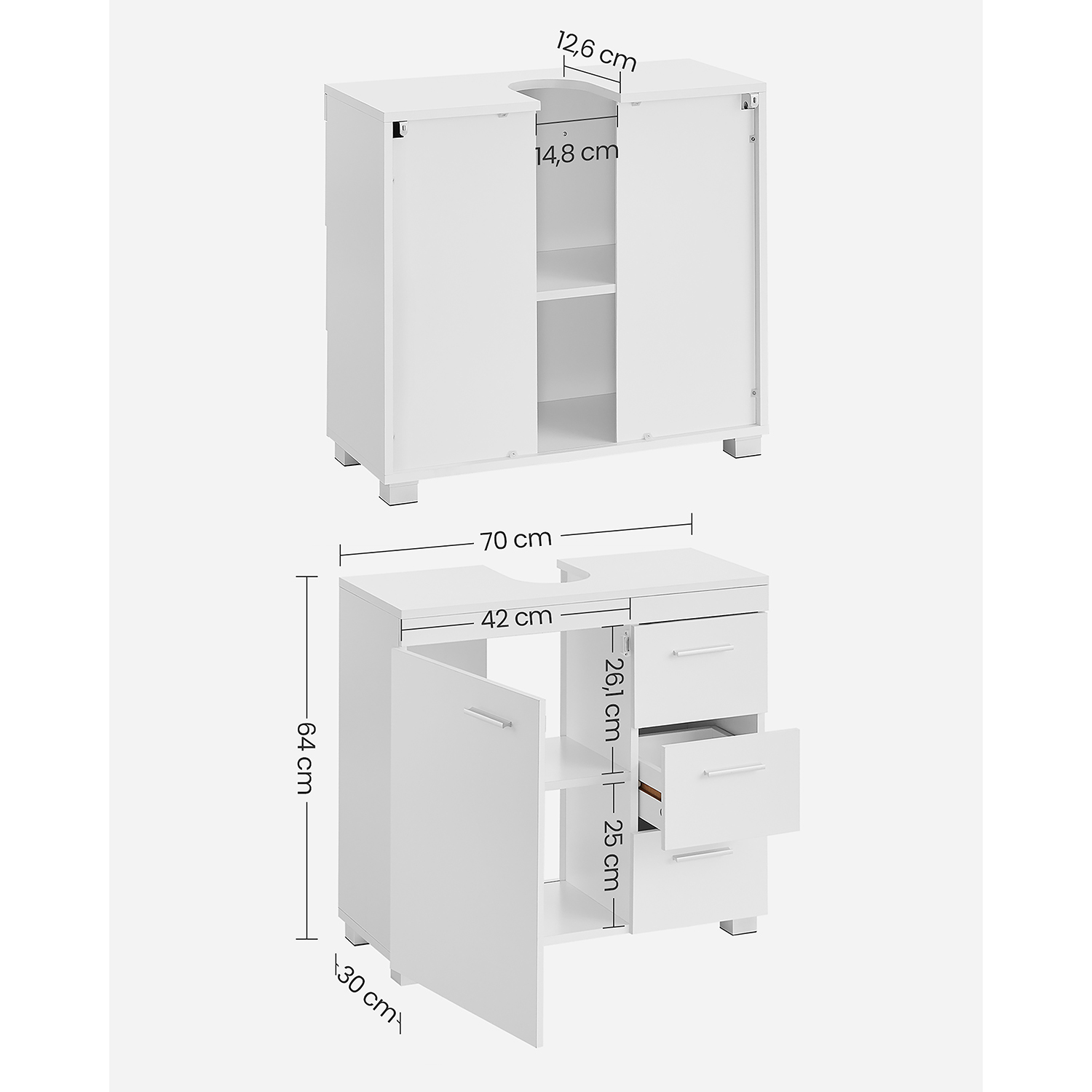 BBK503W10 Kylpyhuonekaappi, jossa 3 suurta laatikkoa, Kylpyhuonekaappi, 2 lokeroa oven takana, Kylpyhuonekaappi jaloilla, 30 x 70 x 64 cm, Valkoinen - Image 5