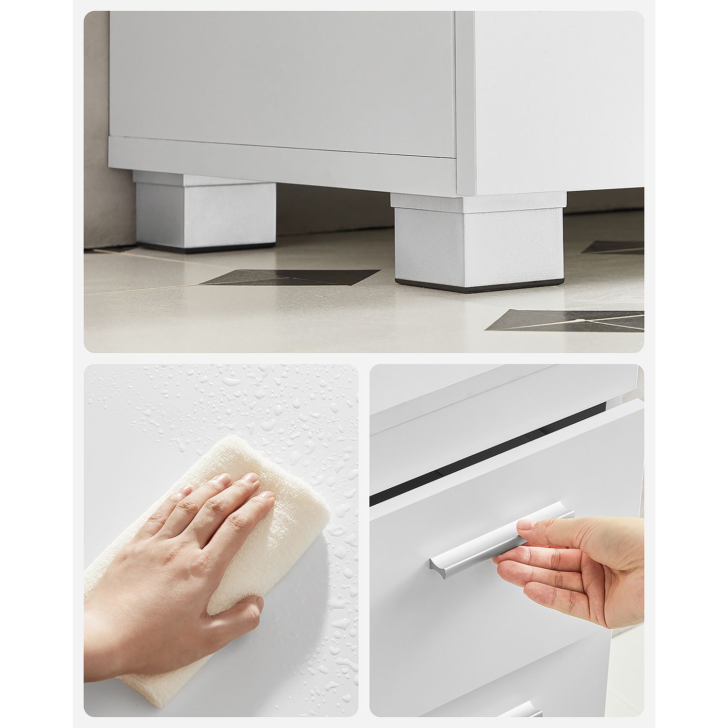 BBK503W10 Kylpyhuonekaappi, jossa 3 suurta laatikkoa, Kylpyhuonekaappi, 2 lokeroa oven takana, Kylpyhuonekaappi jaloilla, 30 x 70 x 64 cm, Valkoinen - Image 6