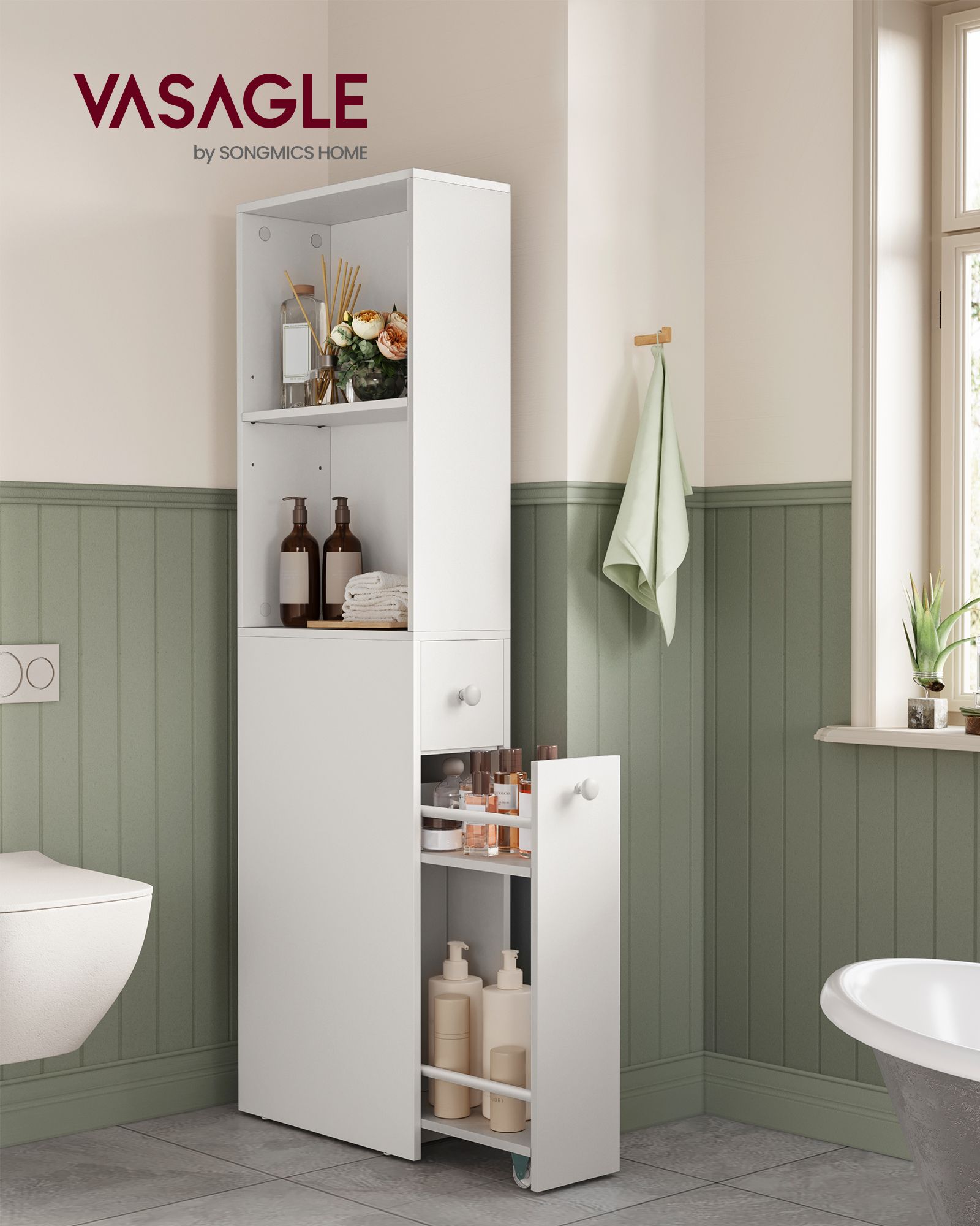 Slim Bathroom Storage Cabinet, Narrow Bathroom Cabinet, Freestanding Cabinet with Storage Drawers and Adjustable Shelf, for Small Spaces, Modern Style, White - Image 2