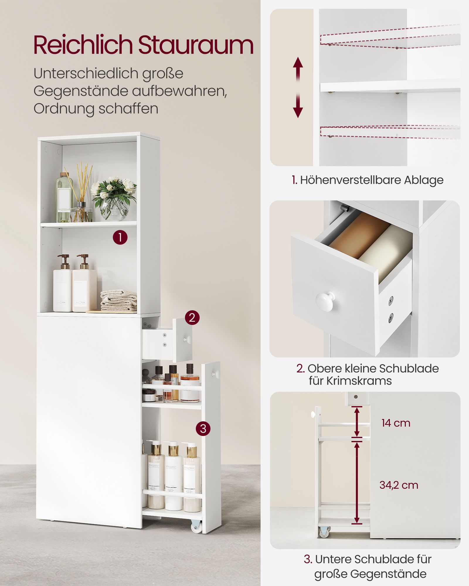 Slim Bathroom Storage Cabinet, Narrow Bathroom Cabinet, Freestanding Cabinet with Storage Drawers and Adjustable Shelf, for Small Spaces, Modern Style, White - Image 3
