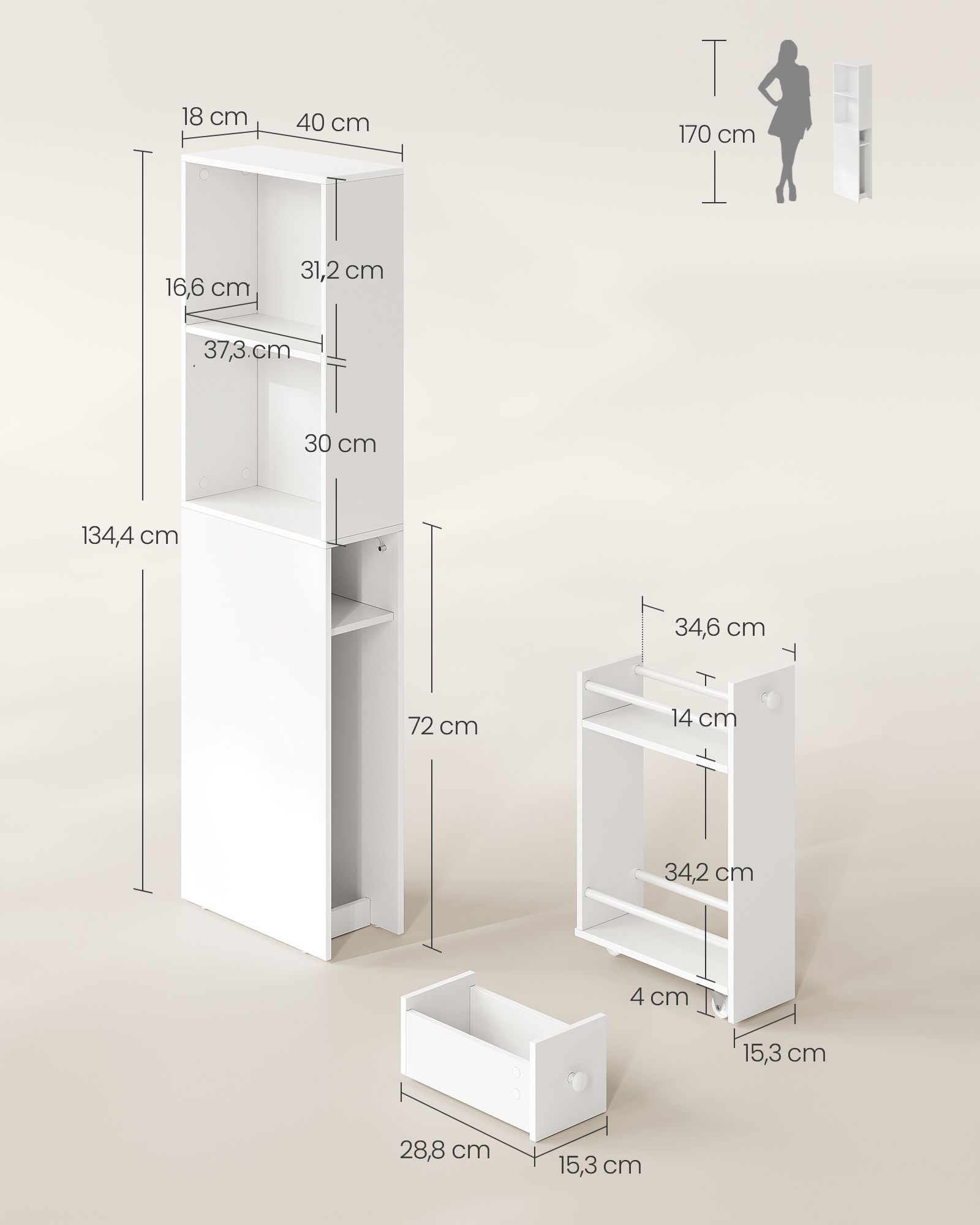 Slim Bathroom Storage Cabinet, Narrow Bathroom Cabinet, Freestanding Cabinet with Storage Drawers and Adjustable Shelf, for Small Spaces, Modern Style, White - Image 6