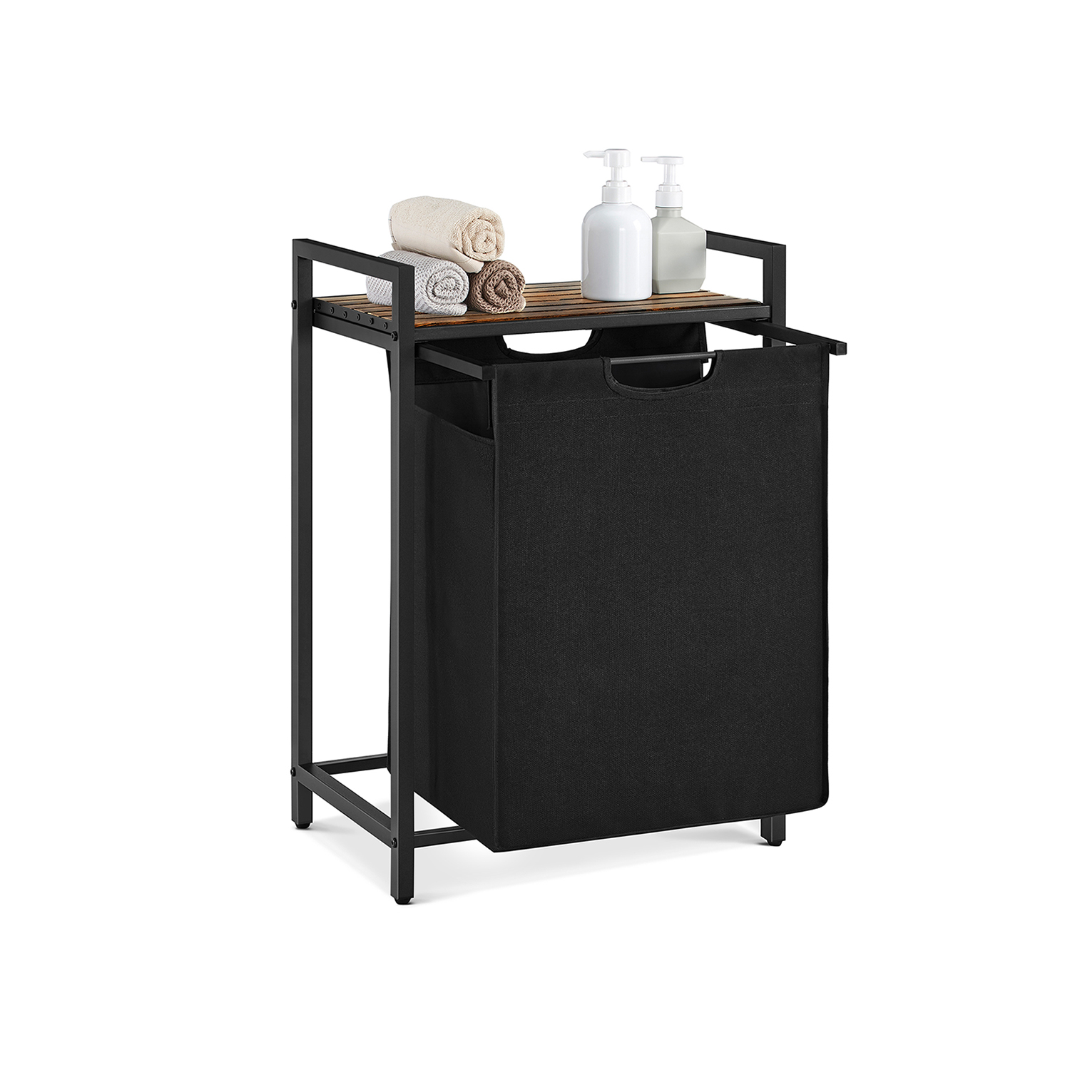 Tvättkorg, tvättkorg, utdragbar och löstagbar tvättsäck, hylla, metallram, 65L, 50 x 33 x 72 cm, rustik brun och svart BLH101B01