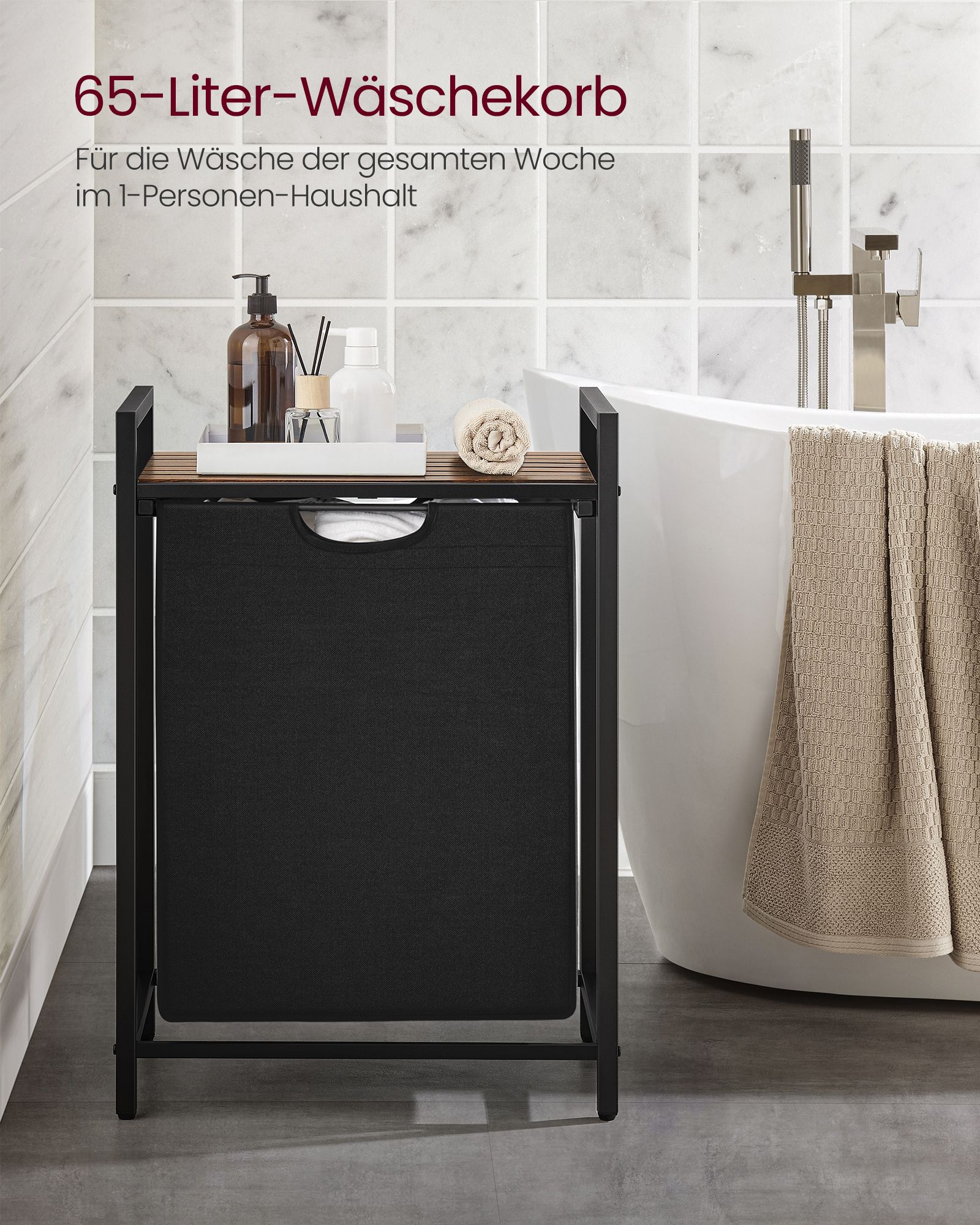 Laundry Basket, Laundry Hamper, Pull-Out and Removable Laundry Bag, Shelf, Metal Frame, 65L, 50 x 33 x 72 cm, Rustic Brown and Black BLH101B01 - Image 3
