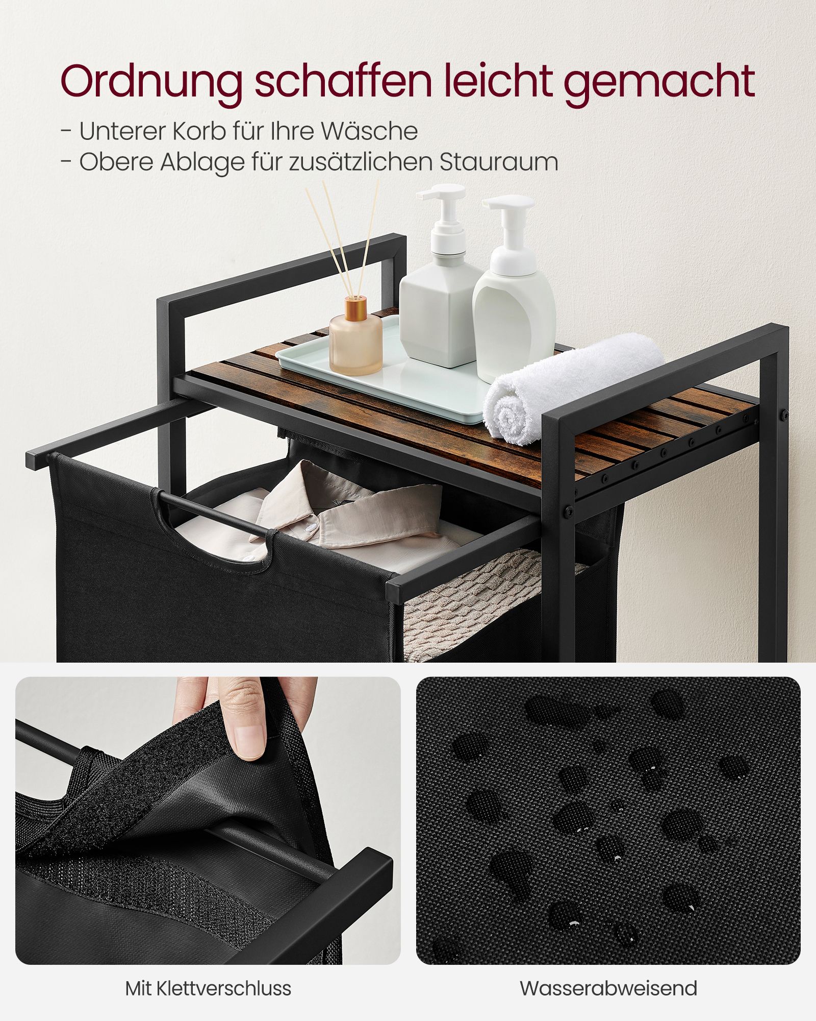 Laundry Basket, Laundry Hamper, Pull-Out and Removable Laundry Bag, Shelf, Metal Frame, 65L, 50 x 33 x 72 cm, Rustic Brown and Black BLH101B01 - Image 4