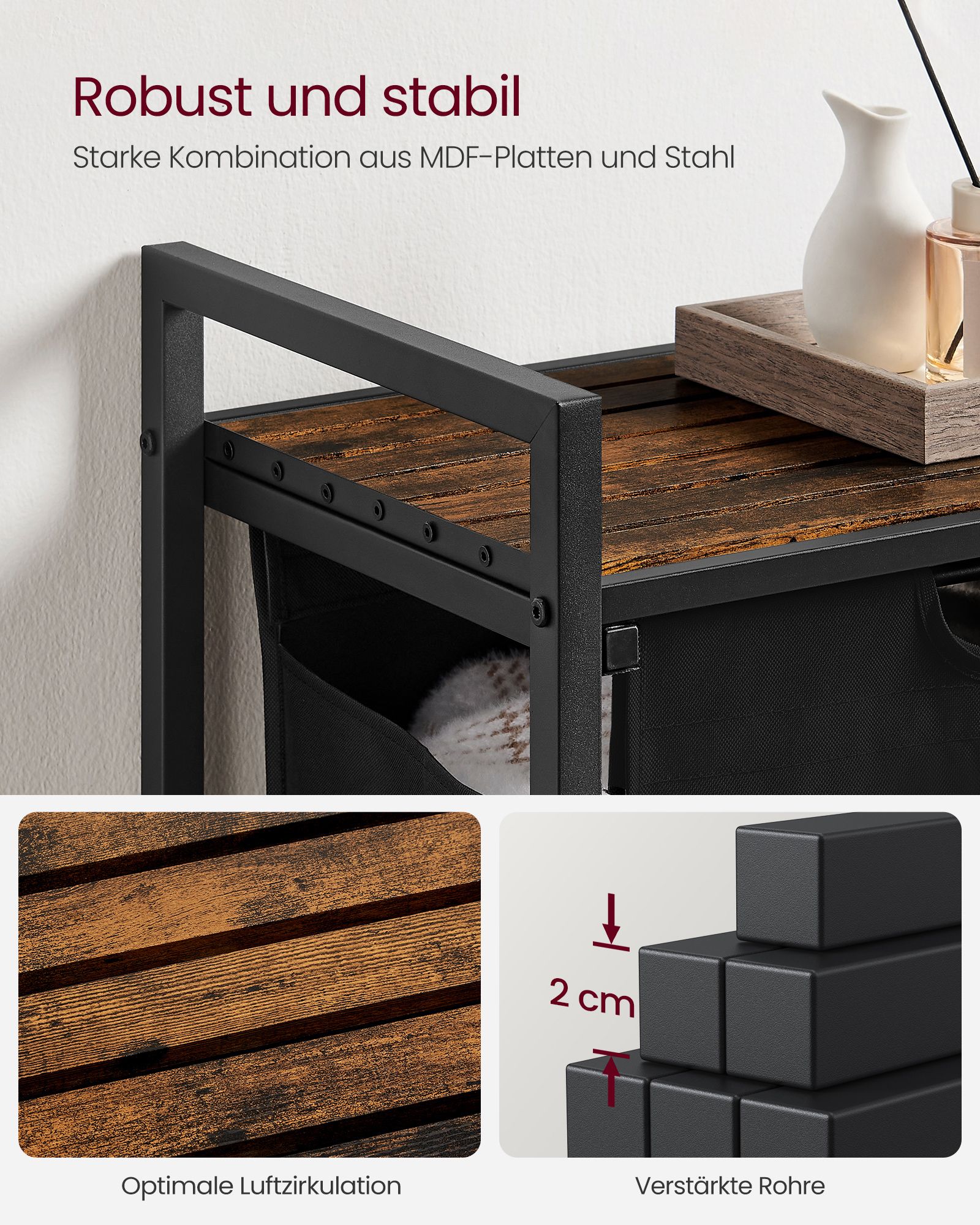 Laundry Basket, Laundry Hamper, Pull-Out and Removable Laundry Bag, Shelf, Metal Frame, 65L, 50 x 33 x 72 cm, Rustic Brown and Black BLH101B01 - Image 5