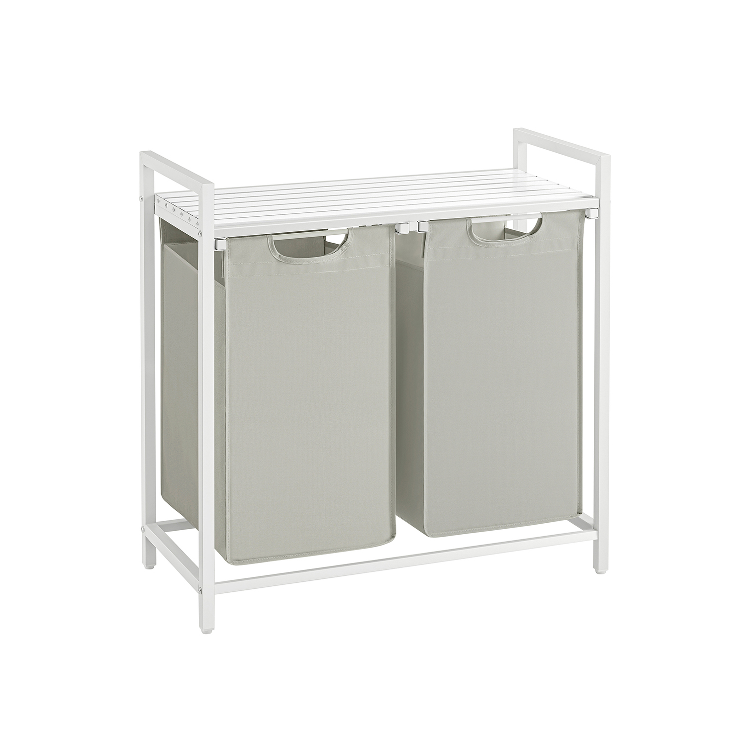 Laundry Basket, 2-Compartment Laundry Hamper, Pull-Out and Removable Laundry Bags, Laundry Sorter, Shelf, Metal Frame, 2 x 46L, 73 x 33 x 72 cm, White BLH201W01