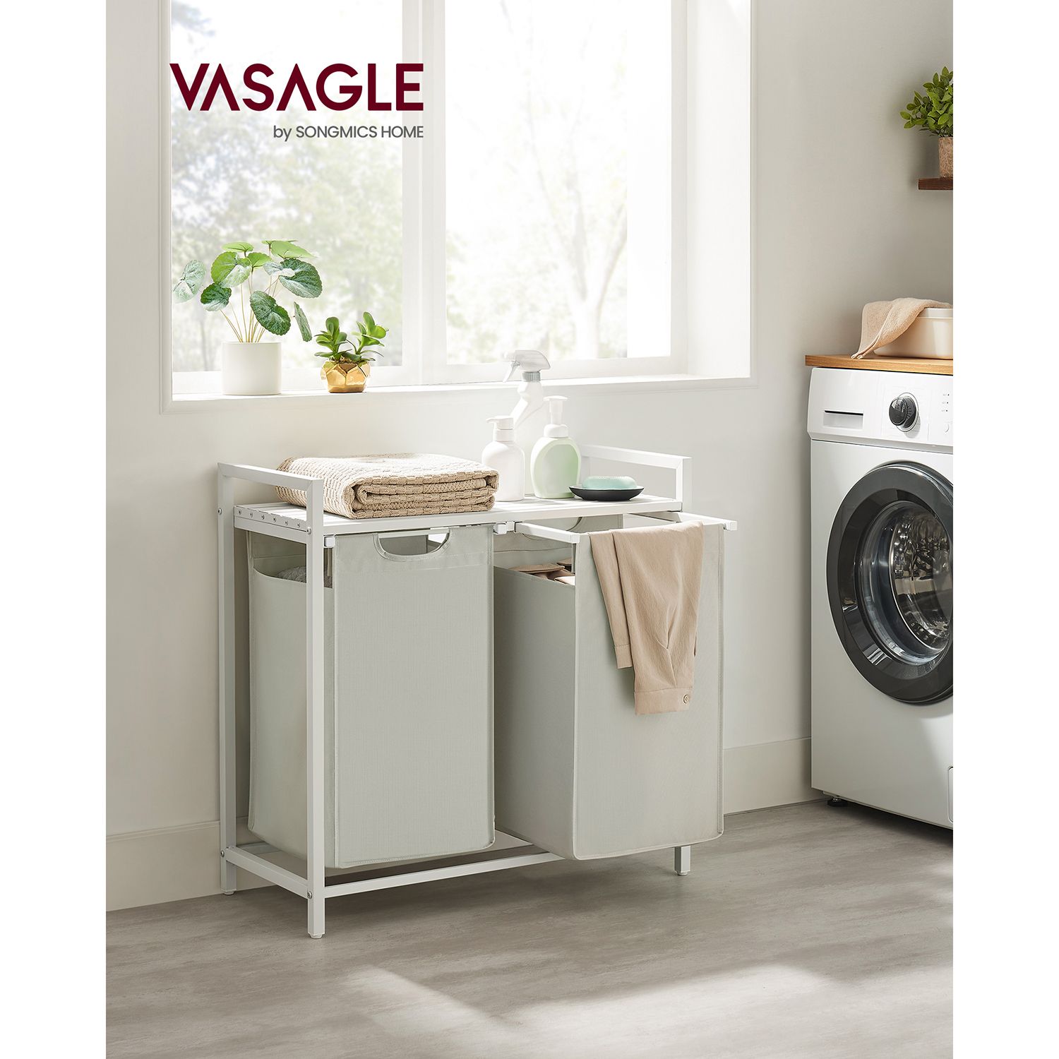 Laundry Basket, 2-Compartment Laundry Hamper, Pull-Out and Removable Laundry Bags, Laundry Sorter, Shelf, Metal Frame, 2 x 46L, 73 x 33 x 72 cm, White BLH201W01 - Image 2