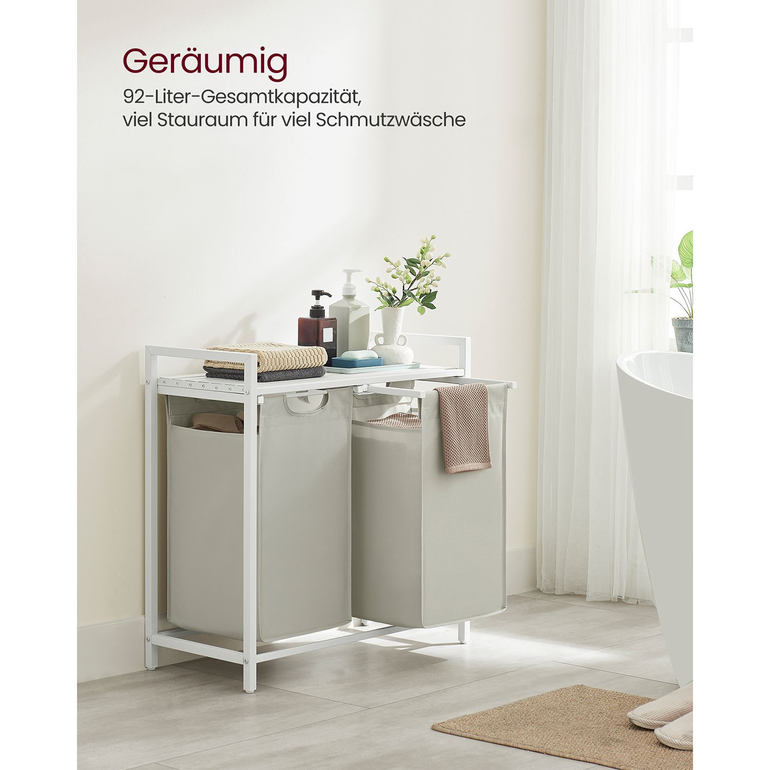 Laundry Basket, 2-Compartment Laundry Hamper, Pull-Out and Removable Laundry Bags, Laundry Sorter, Shelf, Metal Frame, 2 x 46L, 73 x 33 x 72 cm, White BLH201W01 - Image 3