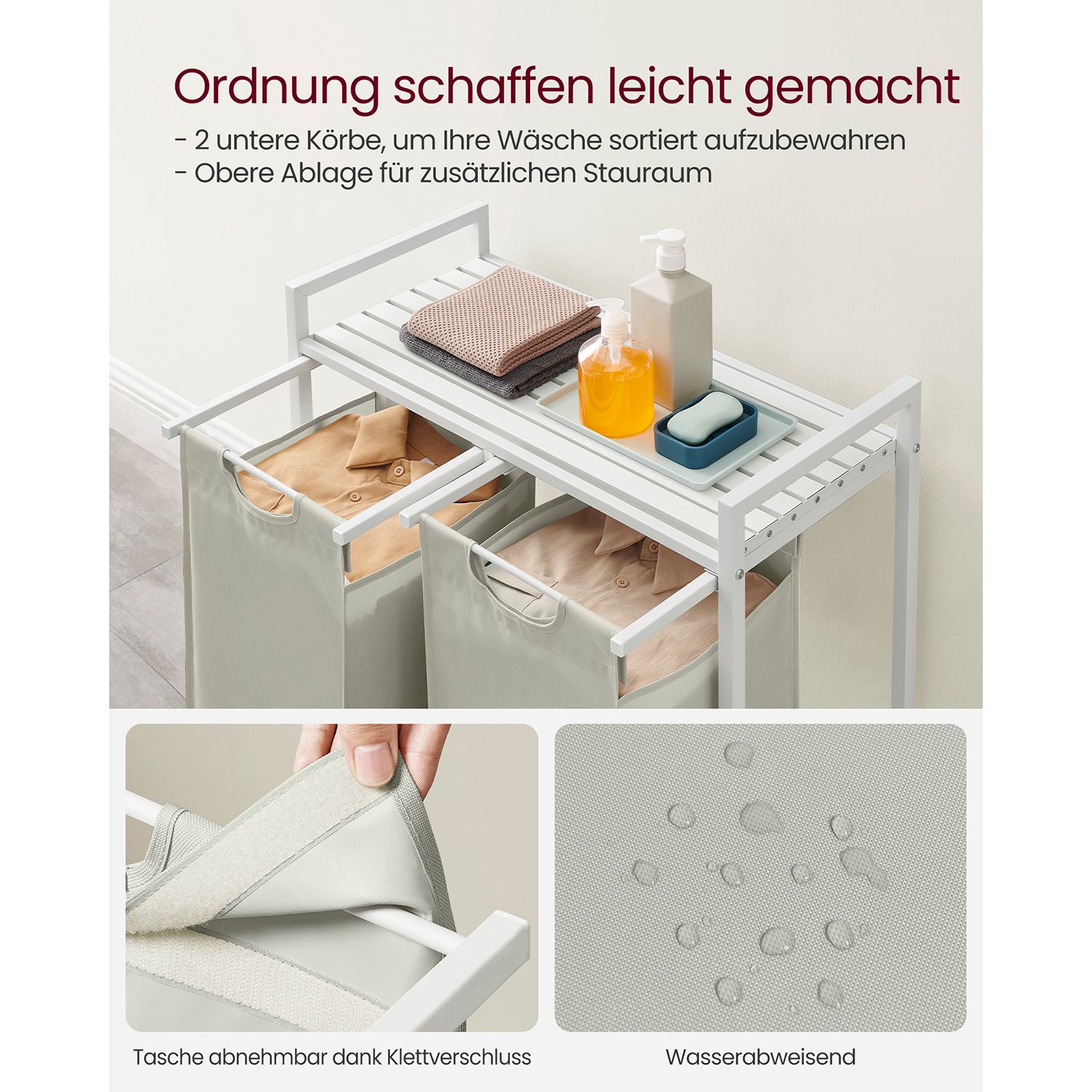 Laundry Basket, 2-Compartment Laundry Hamper, Pull-Out and Removable Laundry Bags, Laundry Sorter, Shelf, Metal Frame, 2 x 46L, 73 x 33 x 72 cm, White BLH201W01 - Image 4