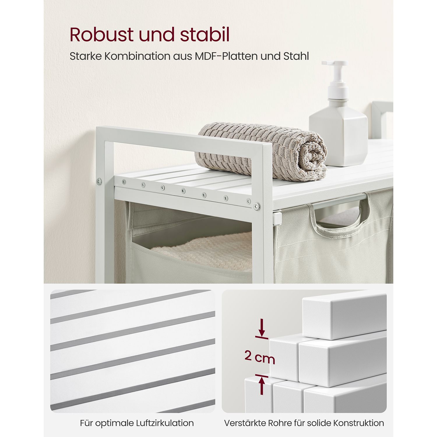 Laundry Basket, 2-Compartment Laundry Hamper, Pull-Out and Removable Laundry Bags, Laundry Sorter, Shelf, Metal Frame, 2 x 46L, 73 x 33 x 72 cm, White BLH201W01 - Image 5