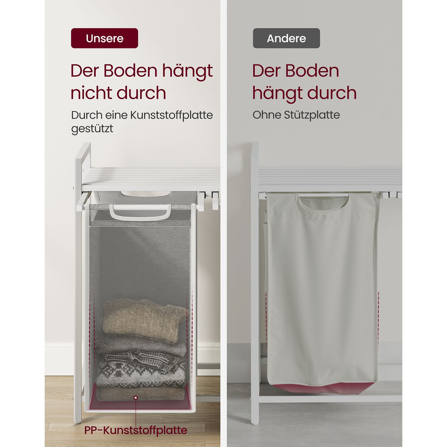 Laundry Basket, 2-Compartment Laundry Hamper, Pull-Out and Removable Laundry Bags, Laundry Sorter, Shelf, Metal Frame, 2 x 46L, 73 x 33 x 72 cm, White BLH201W01 - Image 6