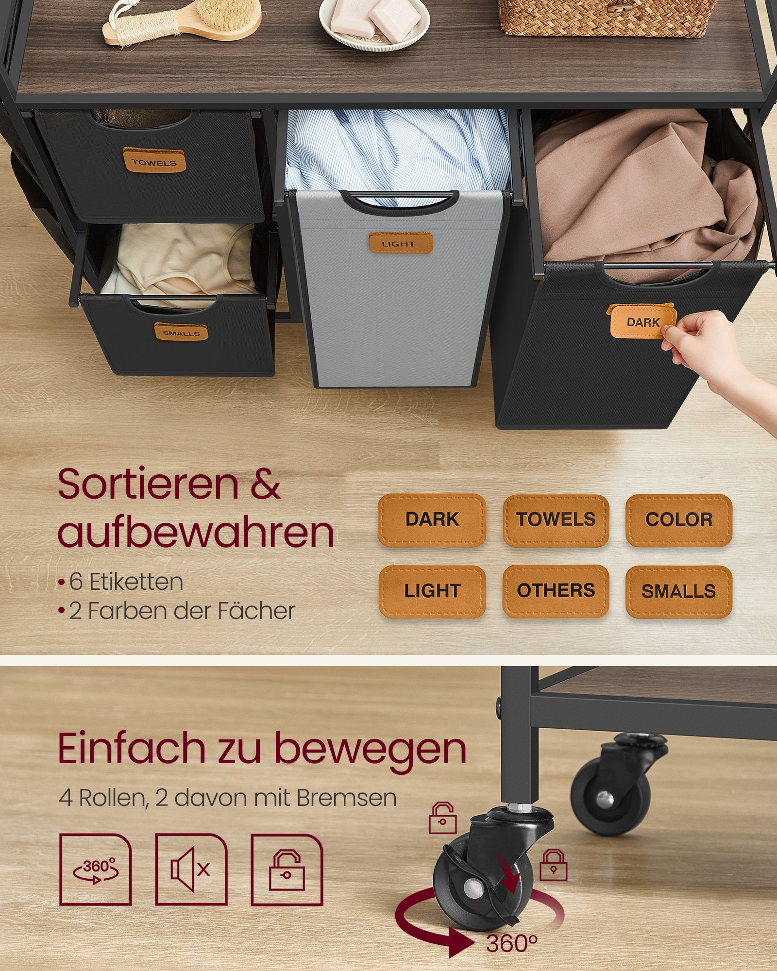 Laundry basket 4 compartments chestnut-brown-ink-black-dove grey - Image 4