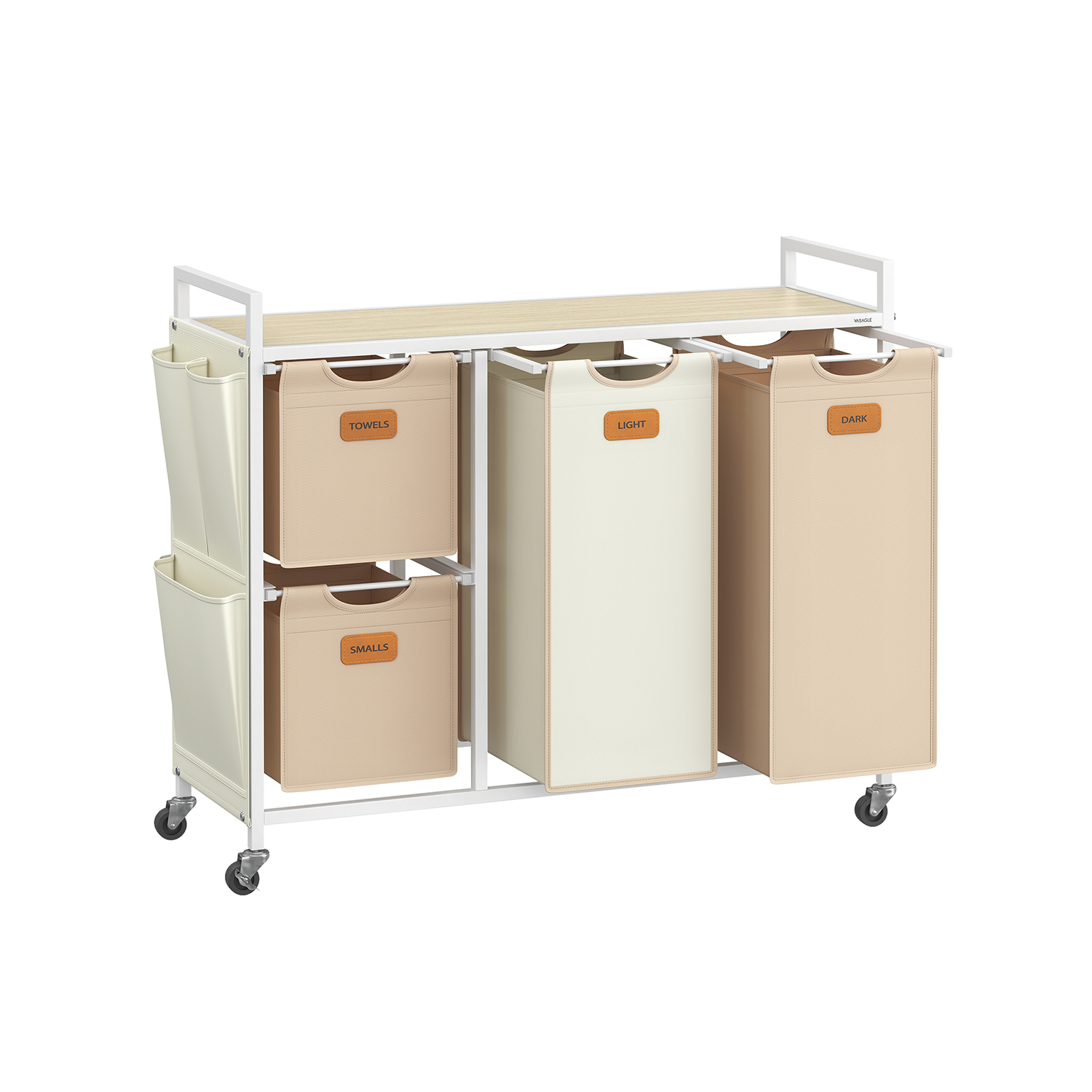 Laundry basket 4 compartments natural beige-camel brown-cream white