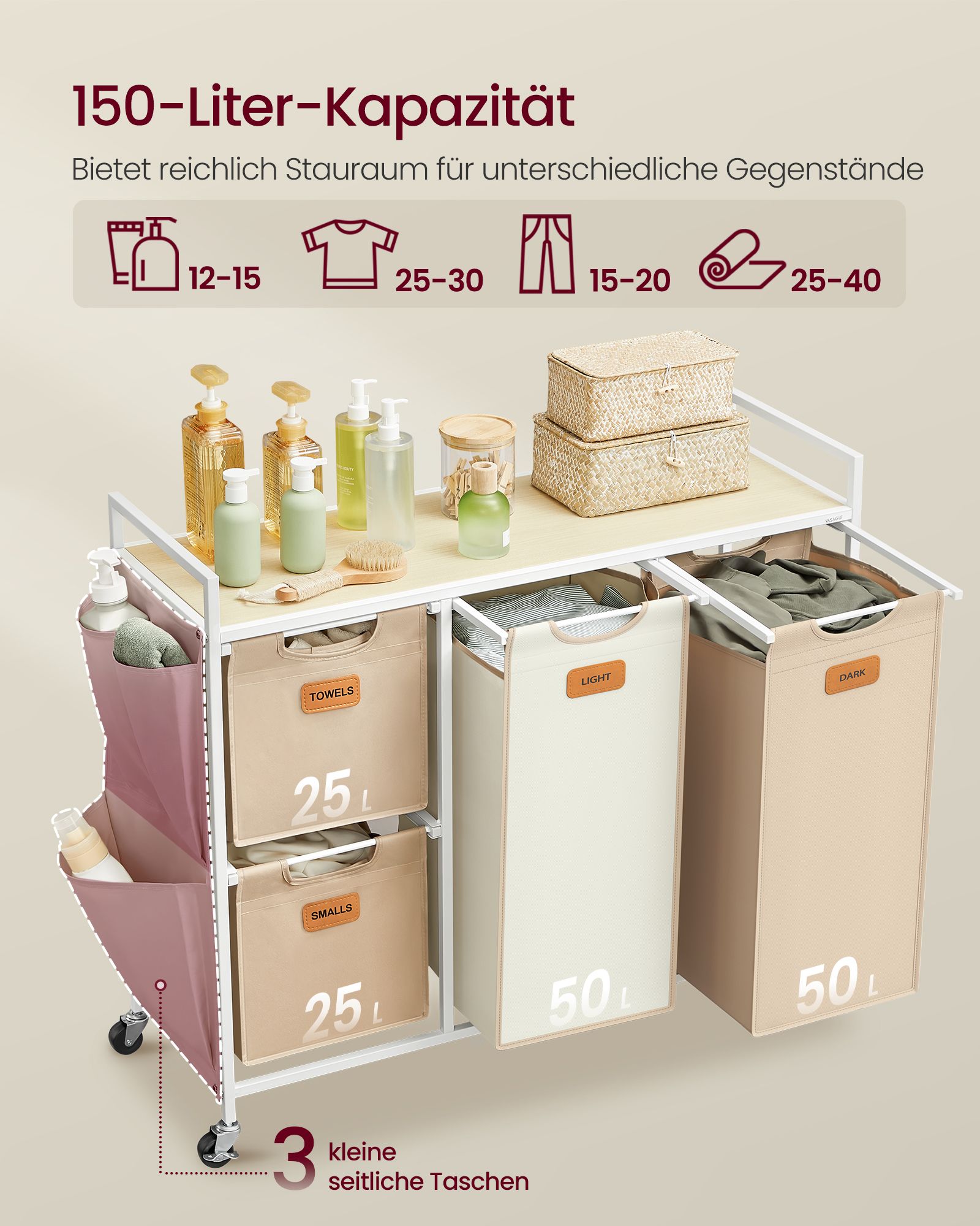 Laundry basket 4 compartments natural beige-camel brown-cream white - Image 3