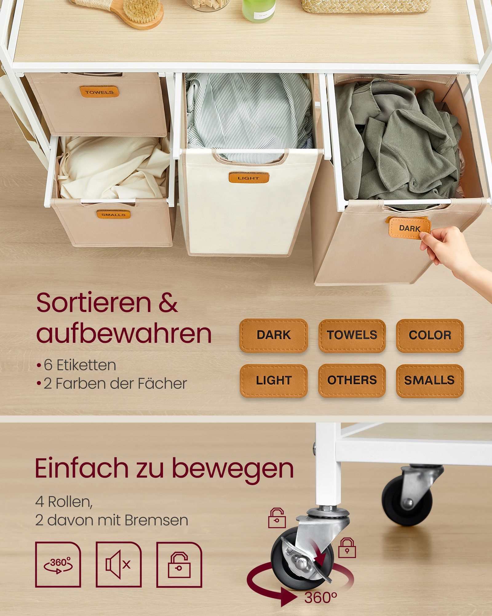 Laundry basket 4 compartments natural beige-camel brown-cream white - Image 4