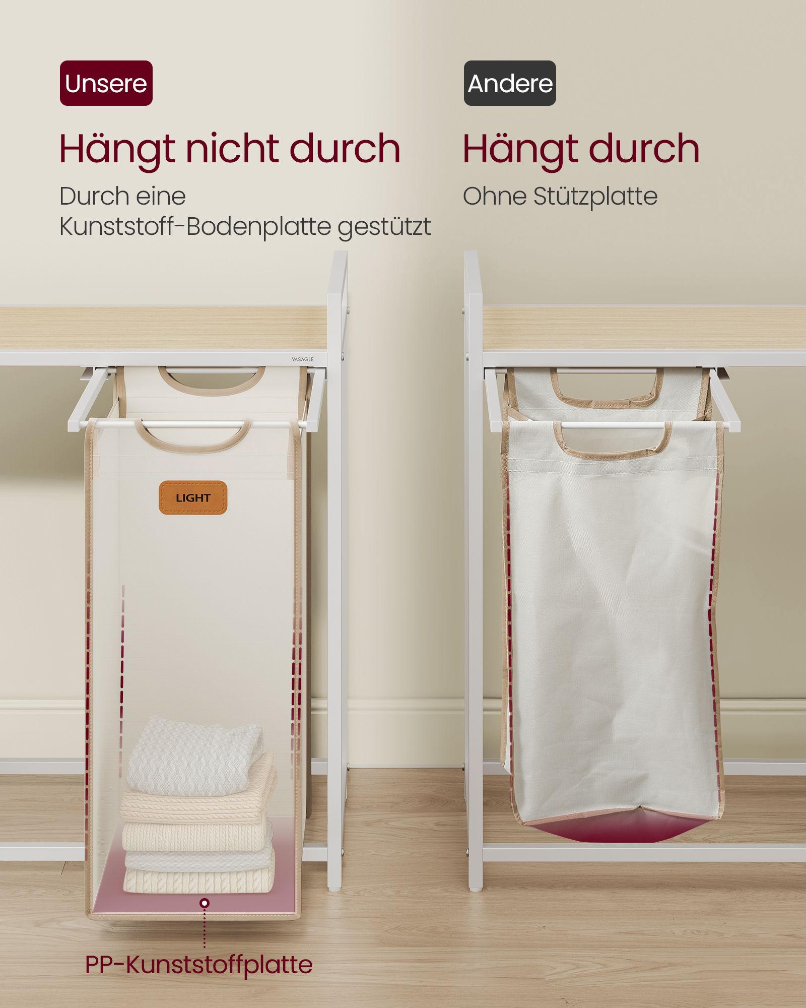 Laundry basket 4 compartments natural beige-camel brown-cream white - Image 5