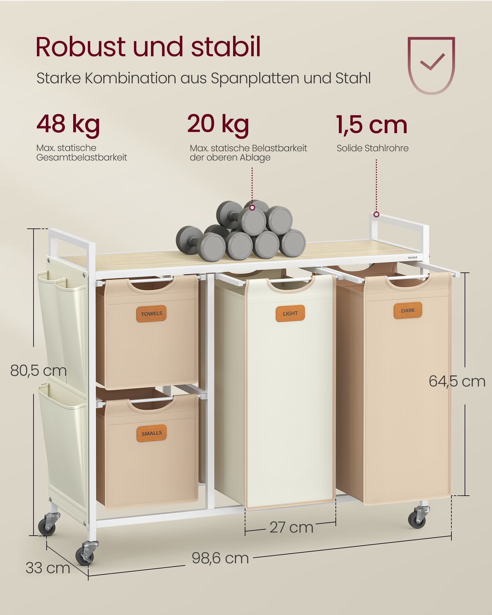 Laundry basket 4 compartments natural beige-camel brown-cream white - Image 6