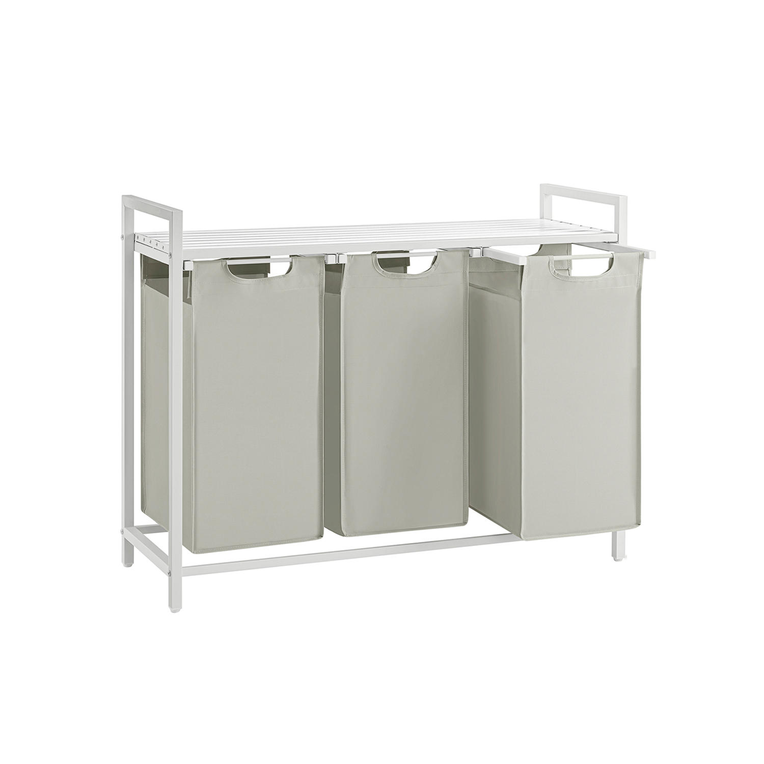 Klesvaskkurv, klesvaskkurv med 3 rom, uttrekkbare og avtakbare klesposer, klesvasksorterer, hylle, metallramme, 3 x 38L, 92,5 x 33 x 72 cm, hvit BLH301W01