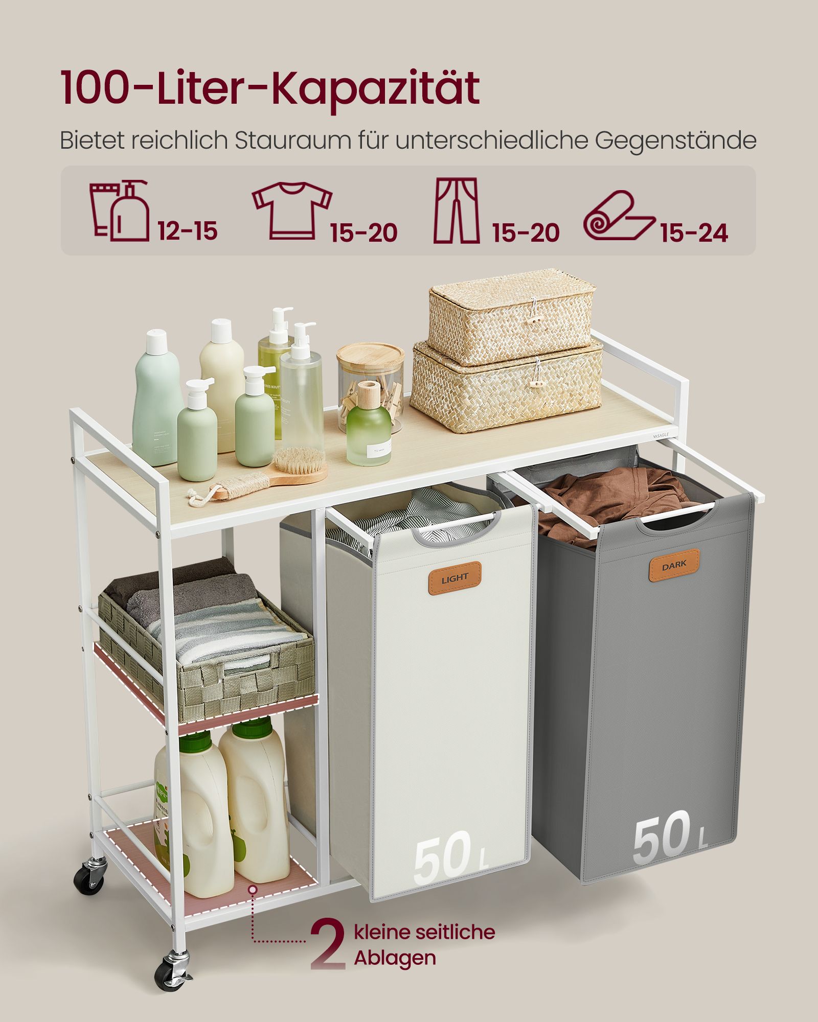 Vasketøjskurv 2 rum naturbeige-due grå-creme hvid - Billede 3