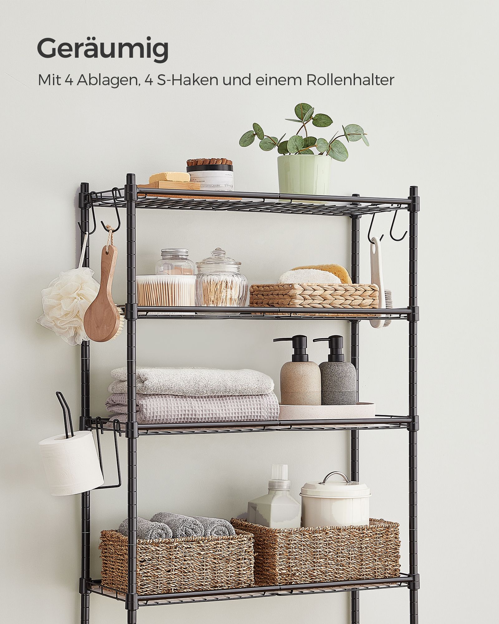 4-delad toaletthylla med krokar platsbesparande svart - Bild 3