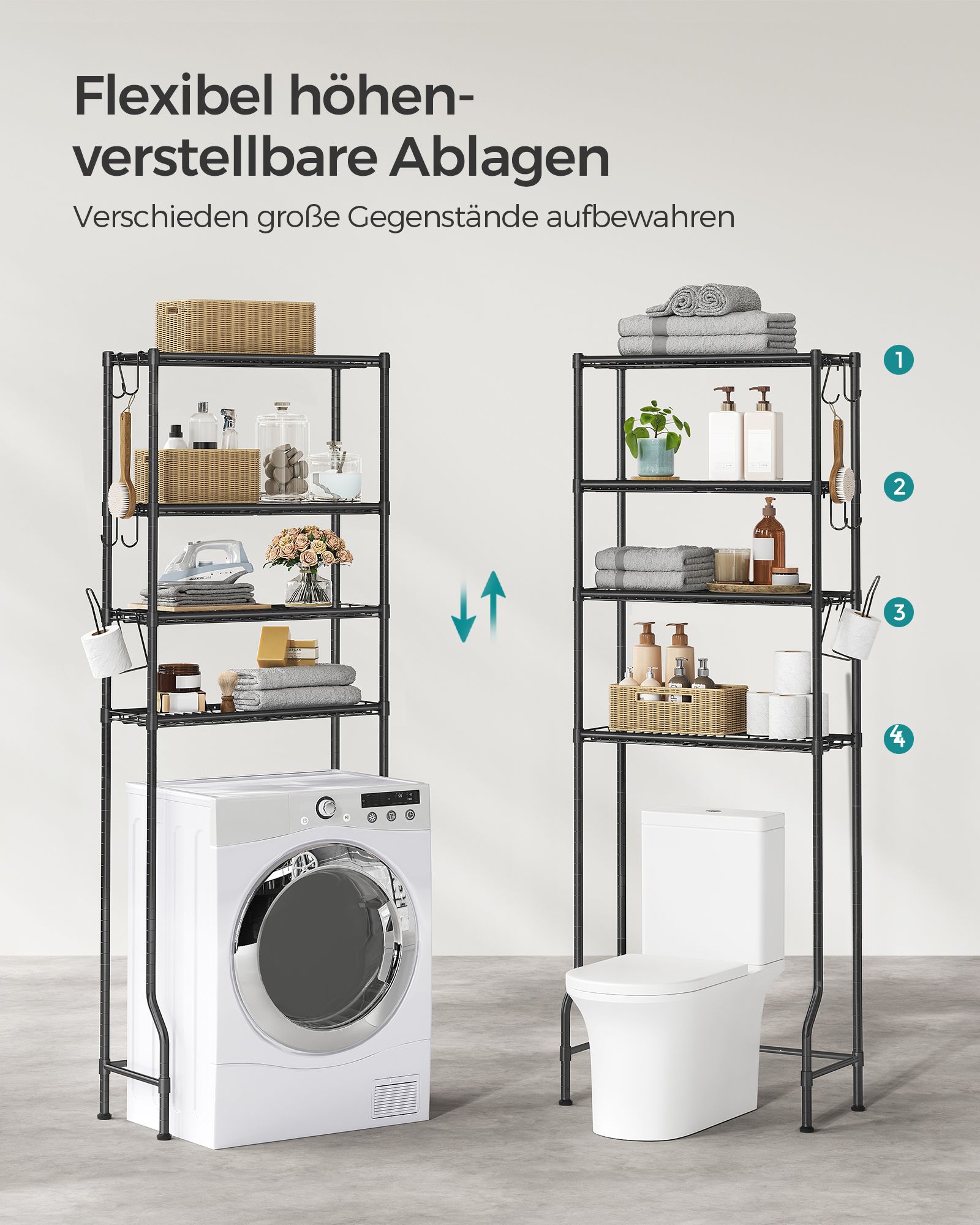 4-delad toaletthylla med krokar platsbesparande svart - Bild 4