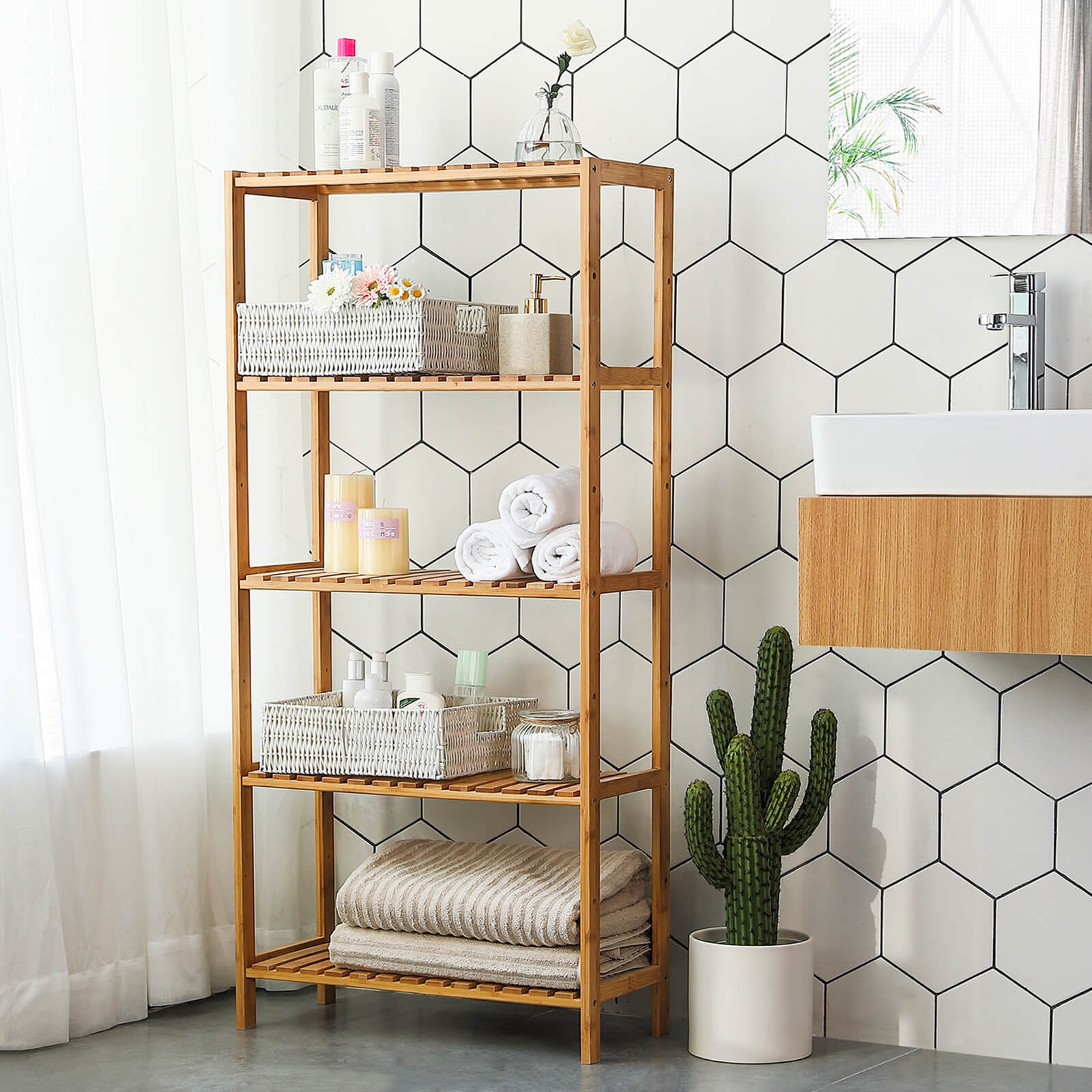 Badeværelse Køkken Opbevaring Bambus 5 hylder Justerbar gulvhøjde Blomsterstativ Bogreol naturlig, 60 x 26 x 130 cm - Billede 4